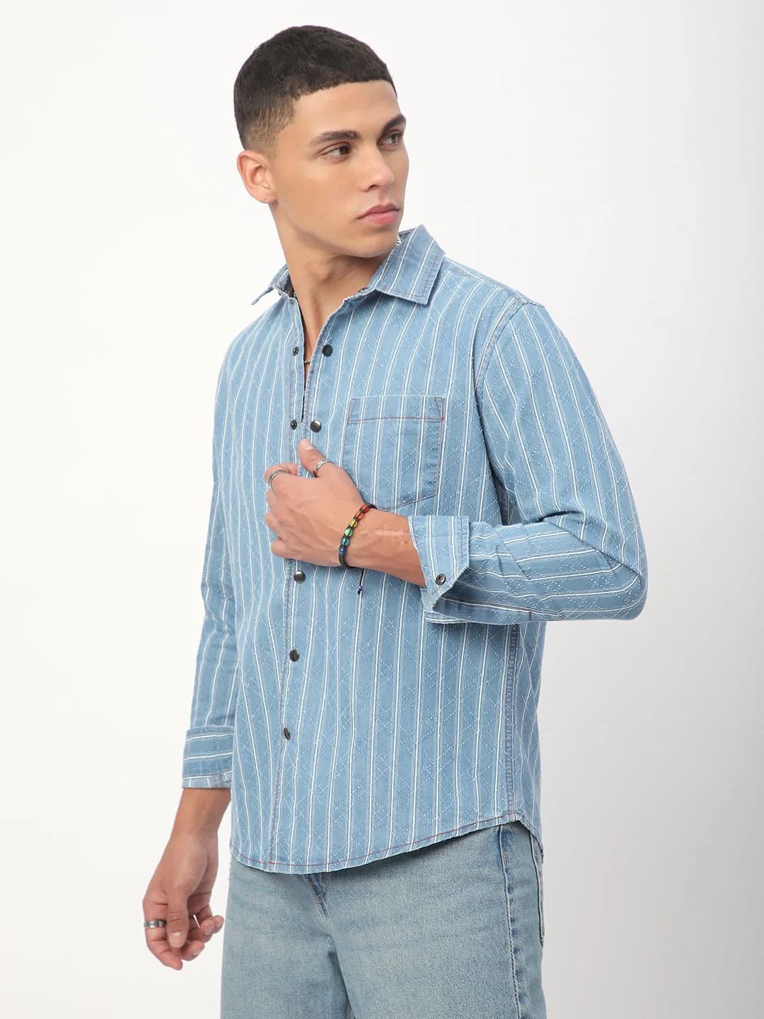 Denim Ditsy Laser Cut Lozenge Striped Shirt - Image 6