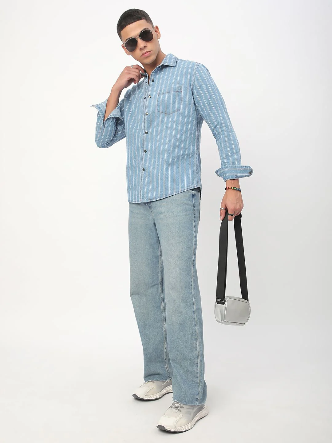 Denim Ditsy Laser Cut Lozenge Striped Shirt - Image 8