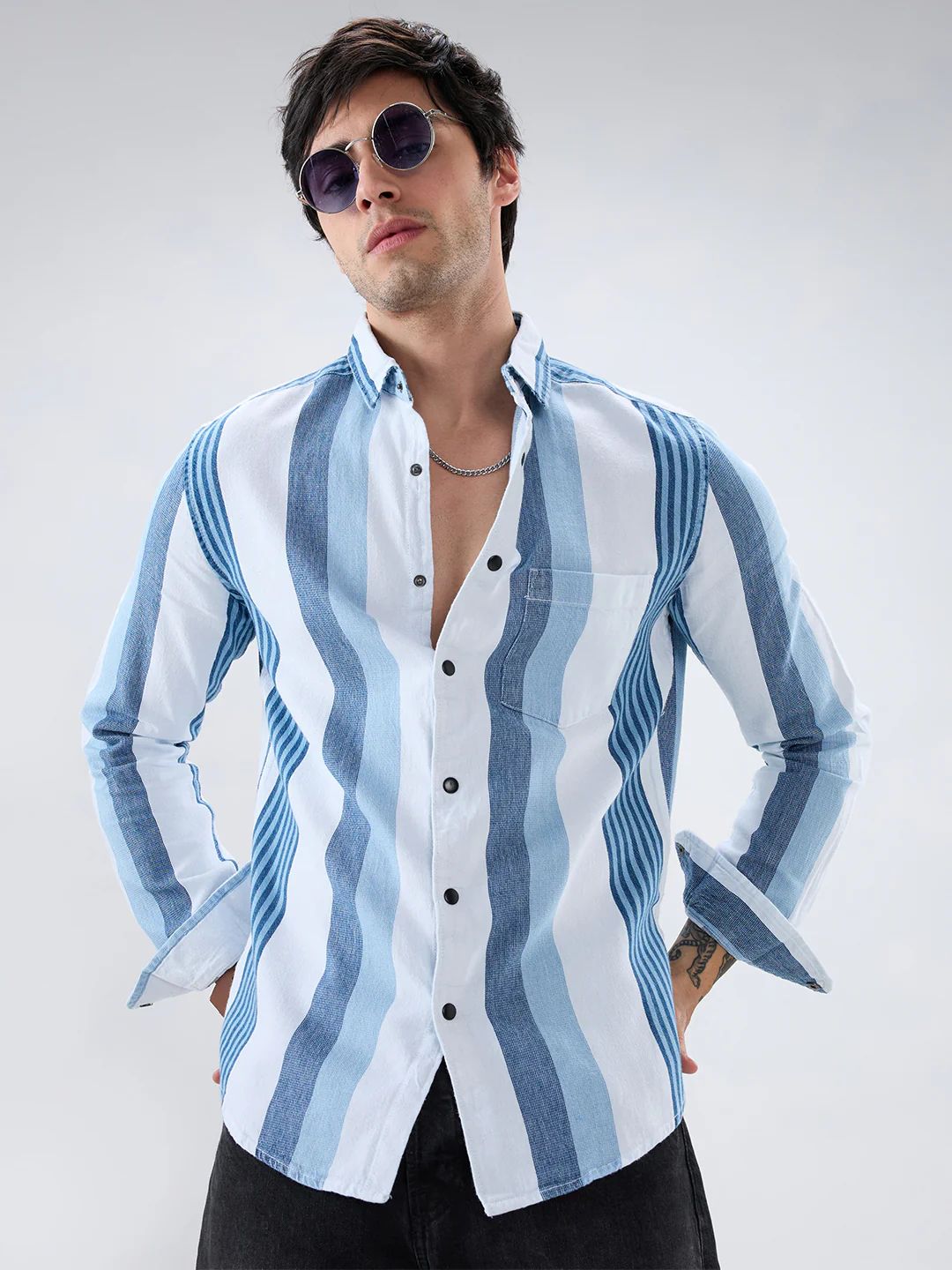 Denim Elegance Stripe Shirt - Image 2