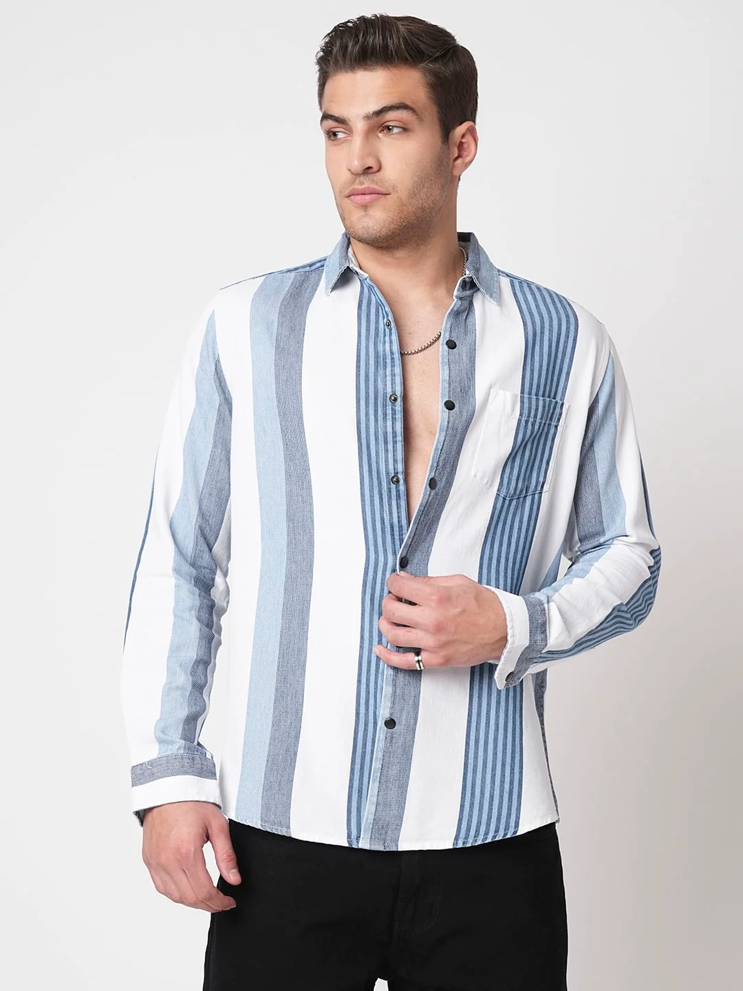 Denim Elegance Striped Shirt - Image 4
