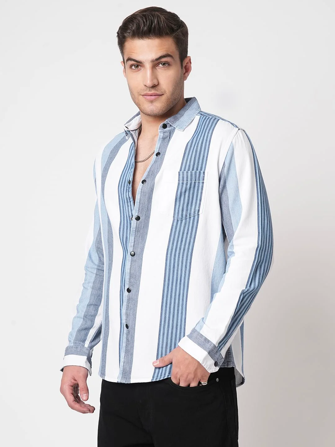 Denim Elegance Striped Shirt - Image 5