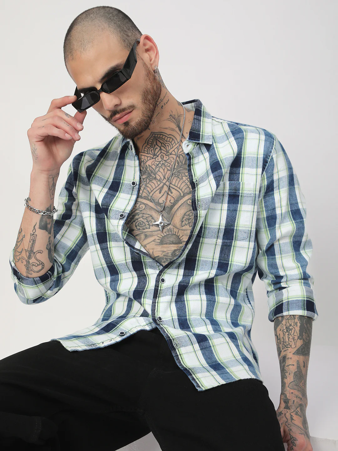 Denim Green & Navy Plaid Checks Shirt - Image 2