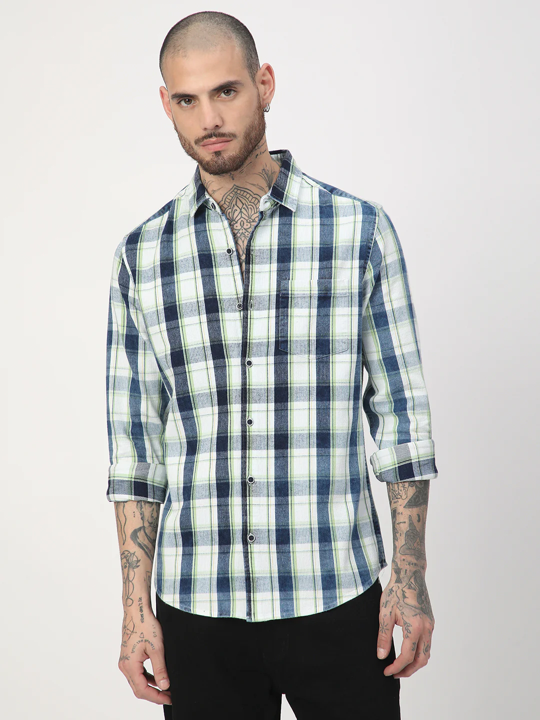 Denim Green & Navy Plaid Checks Shirt - Image 4