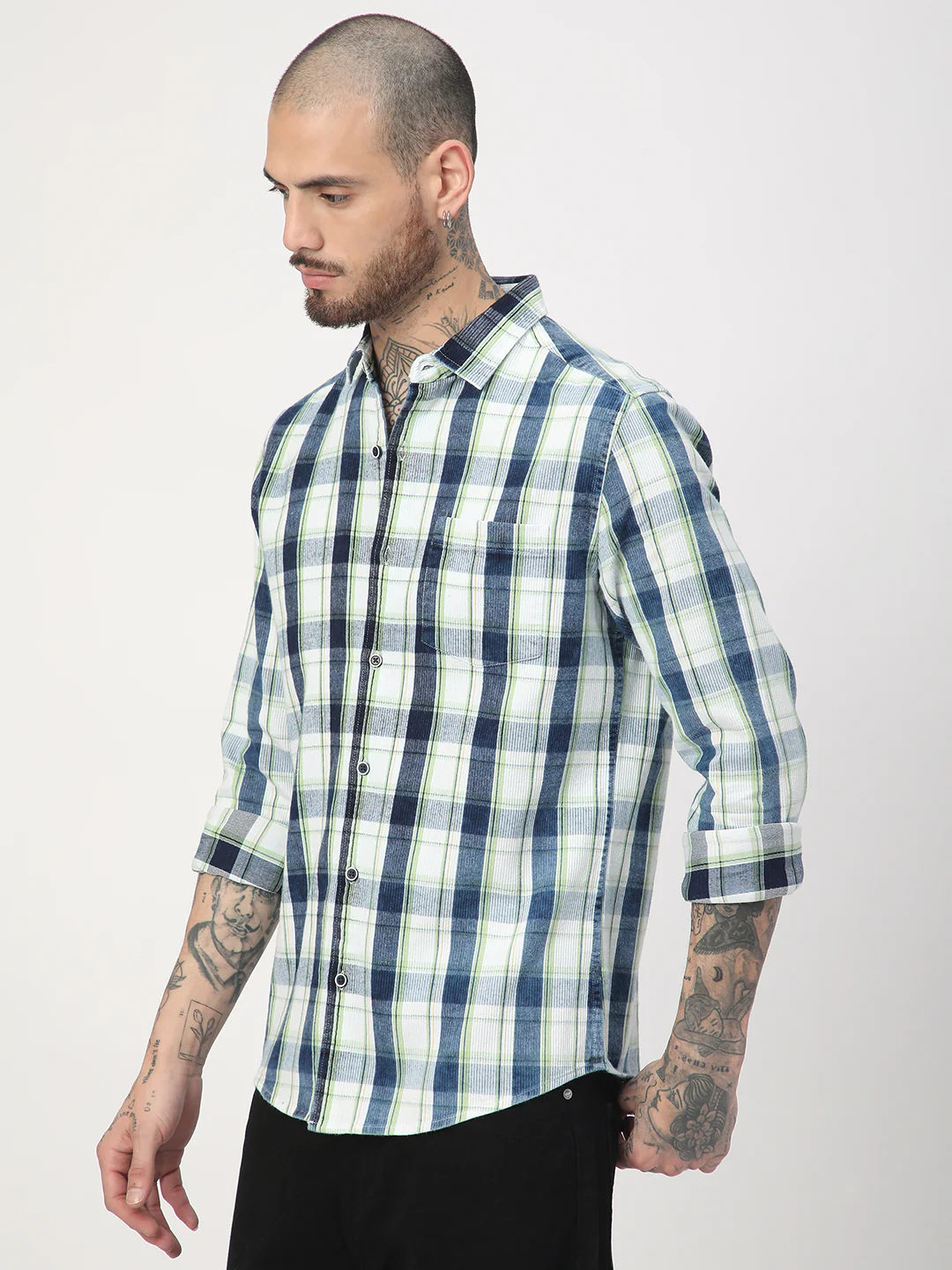 Denim Green & Navy Plaid Checks Shirt - Image 5