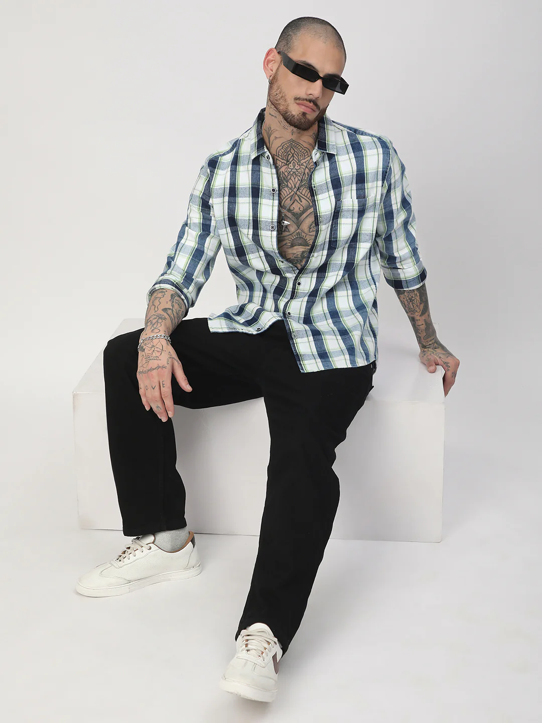 Denim Green & Navy Plaid Checks Shirt - Image 7