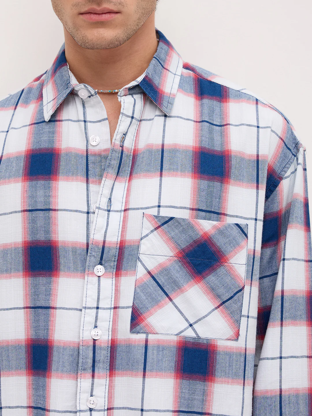 Denim Multi Tone Herringbone Checks Boxy Fit Crop Shirt - Image 3