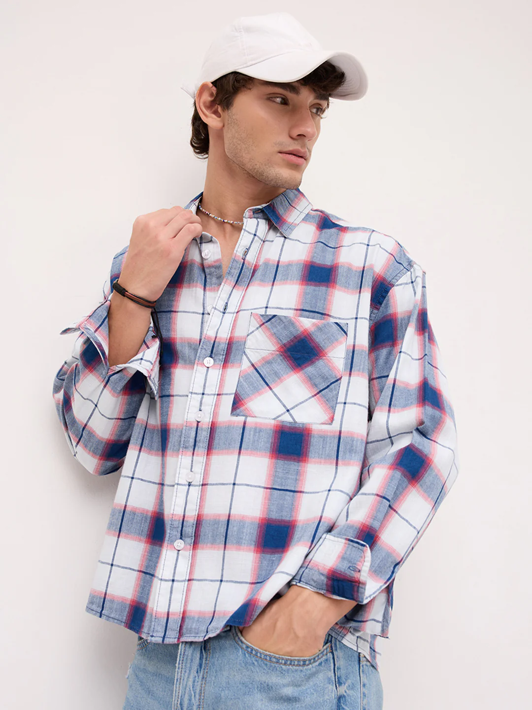 Denim Multi Tone Herringbone Checks Boxy Fit Crop Shirt - Image 4