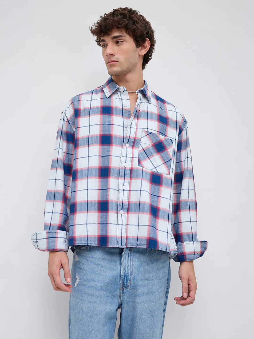 Denim Multi Tone Herringbone Checks Boxy Fit Crop Shirt - Image 5