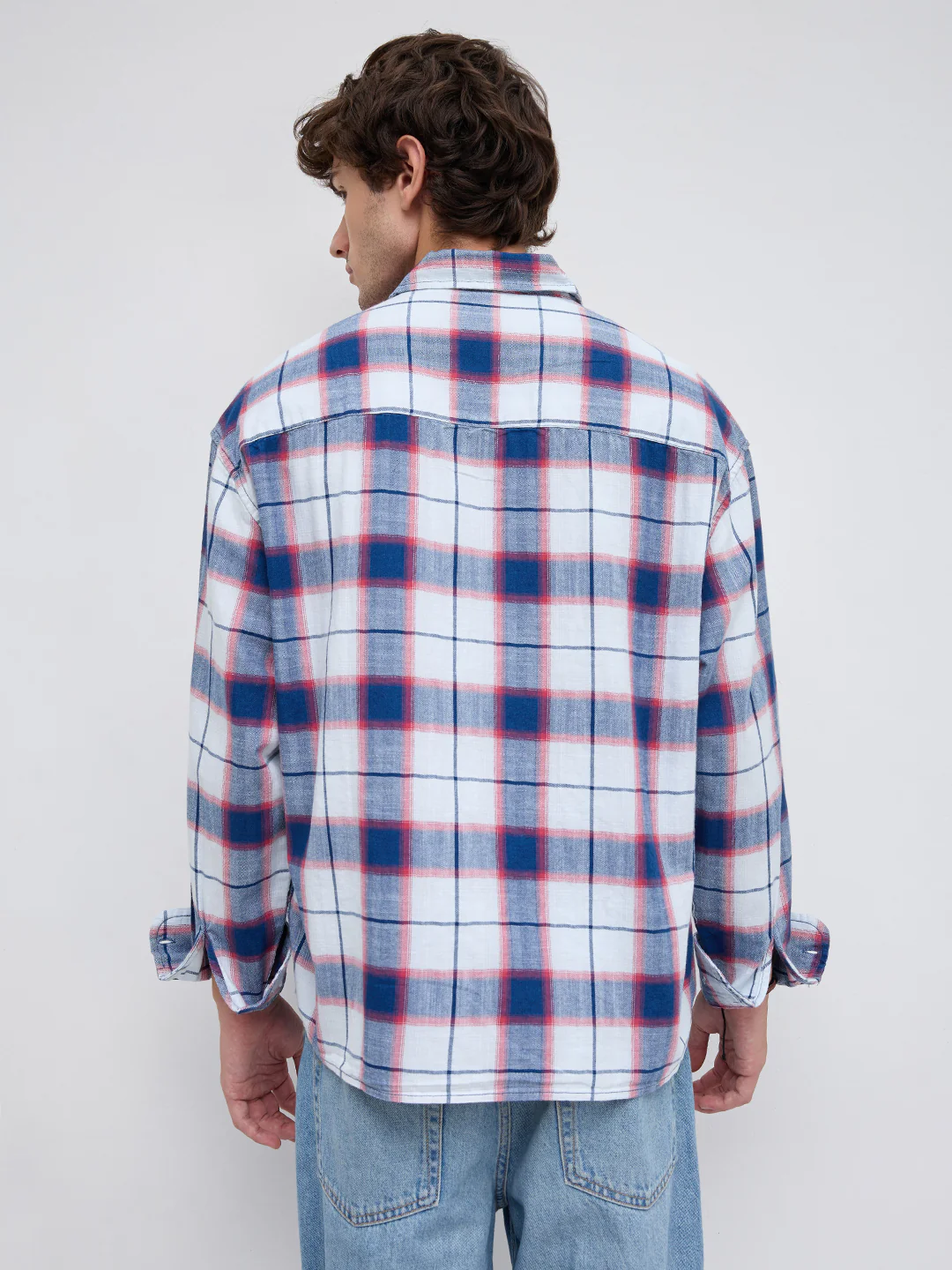 Denim Multi Tone Herringbone Checks Boxy Fit Crop Shirt - Image 7