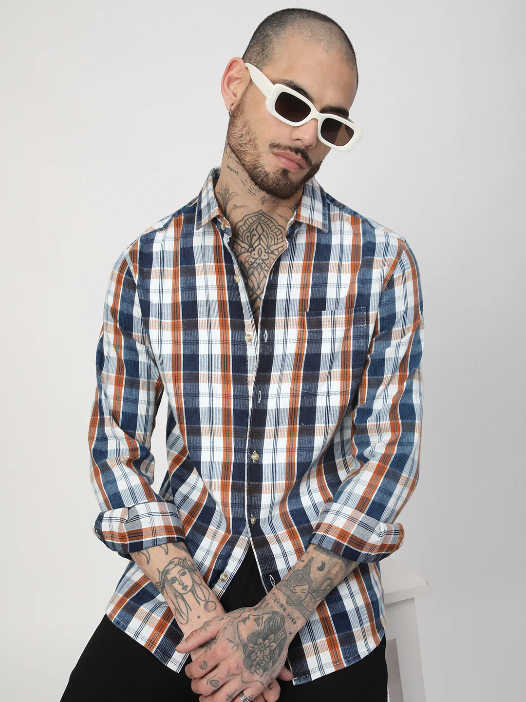 Denim Orange & Navy Plaid Checks Shirt - Image 2