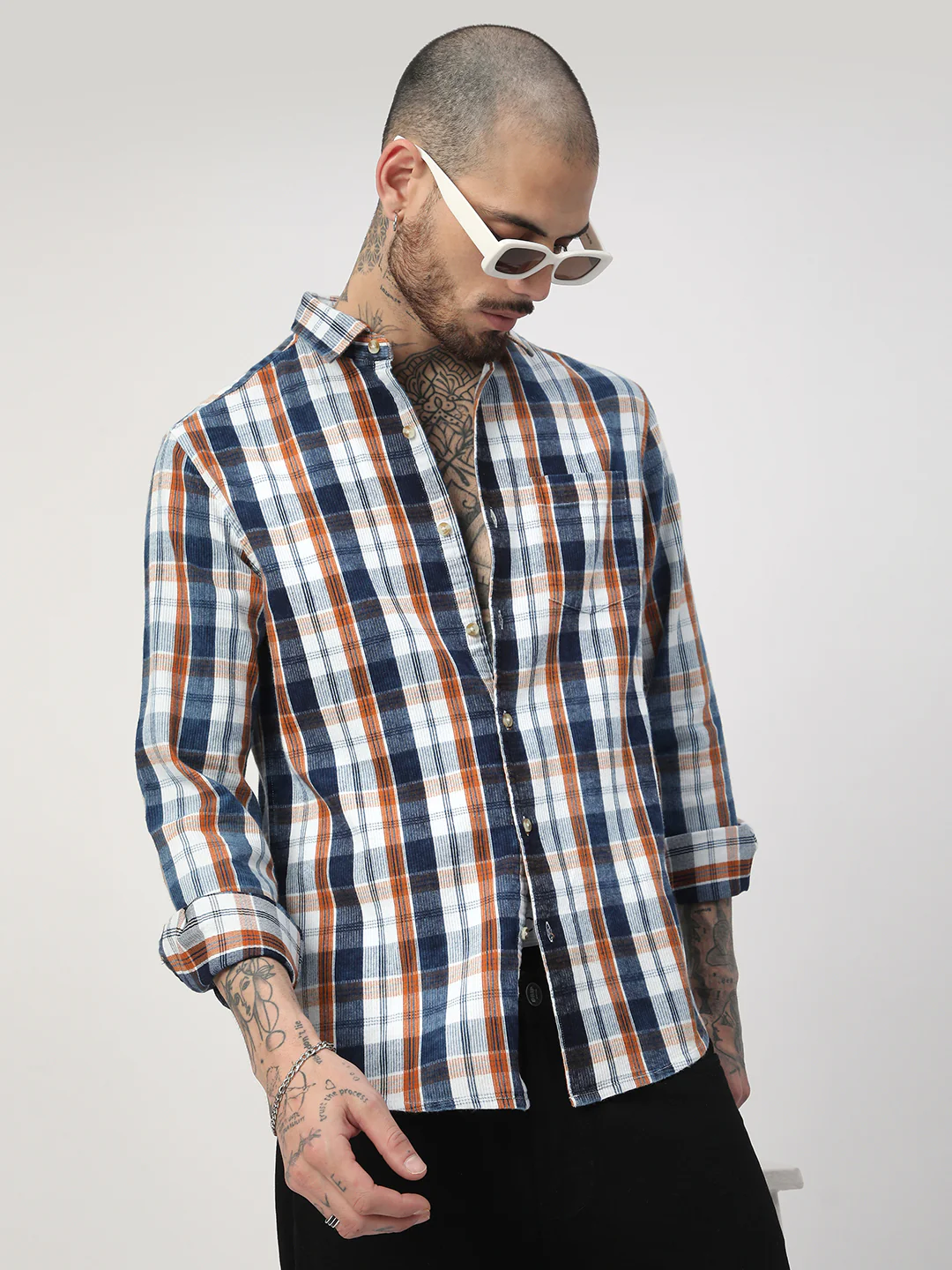 Denim Orange & Navy Plaid Checks Shirt - Image 4