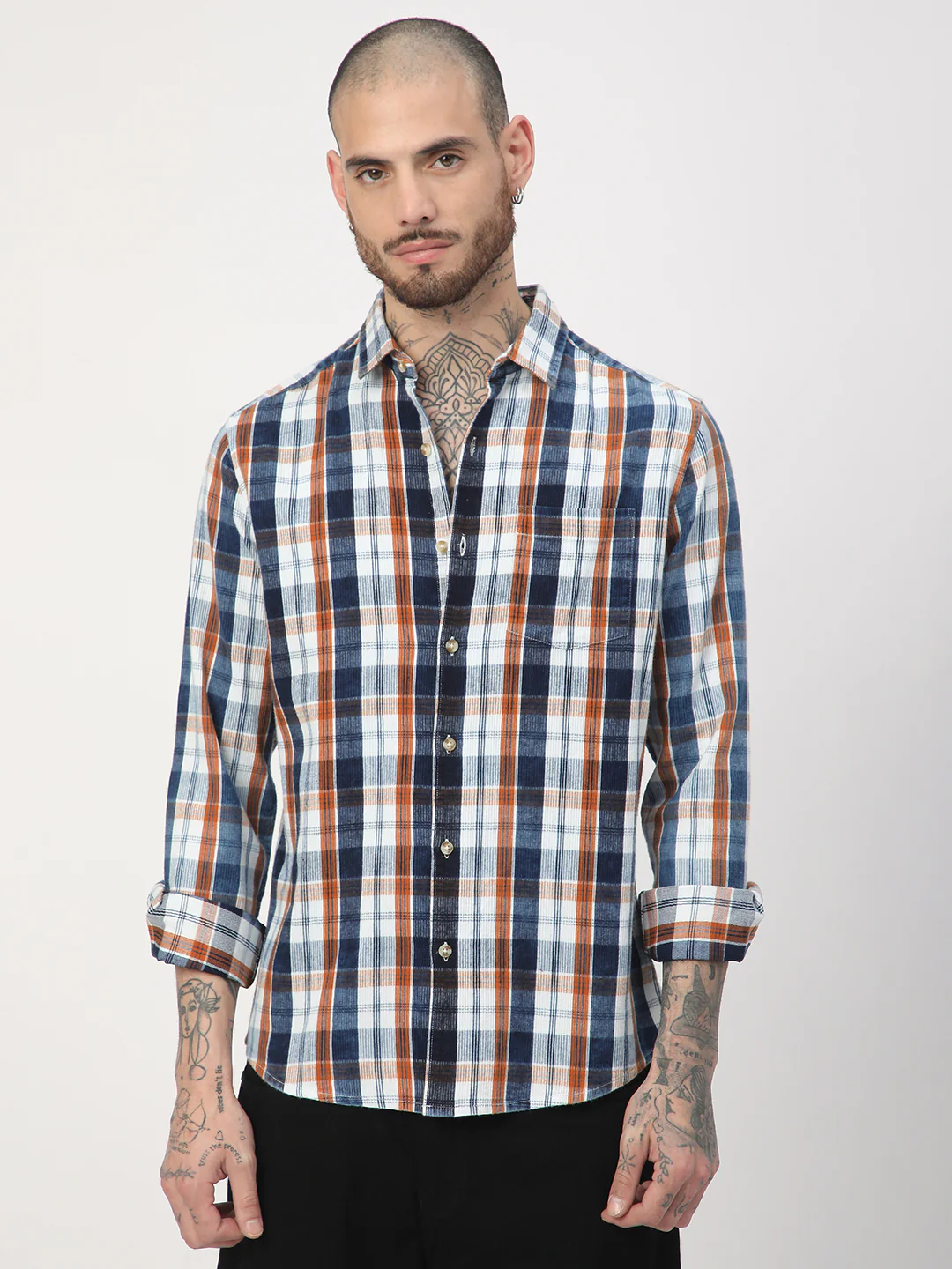 Denim Orange & Navy Plaid Checks Shirt - Image 5
