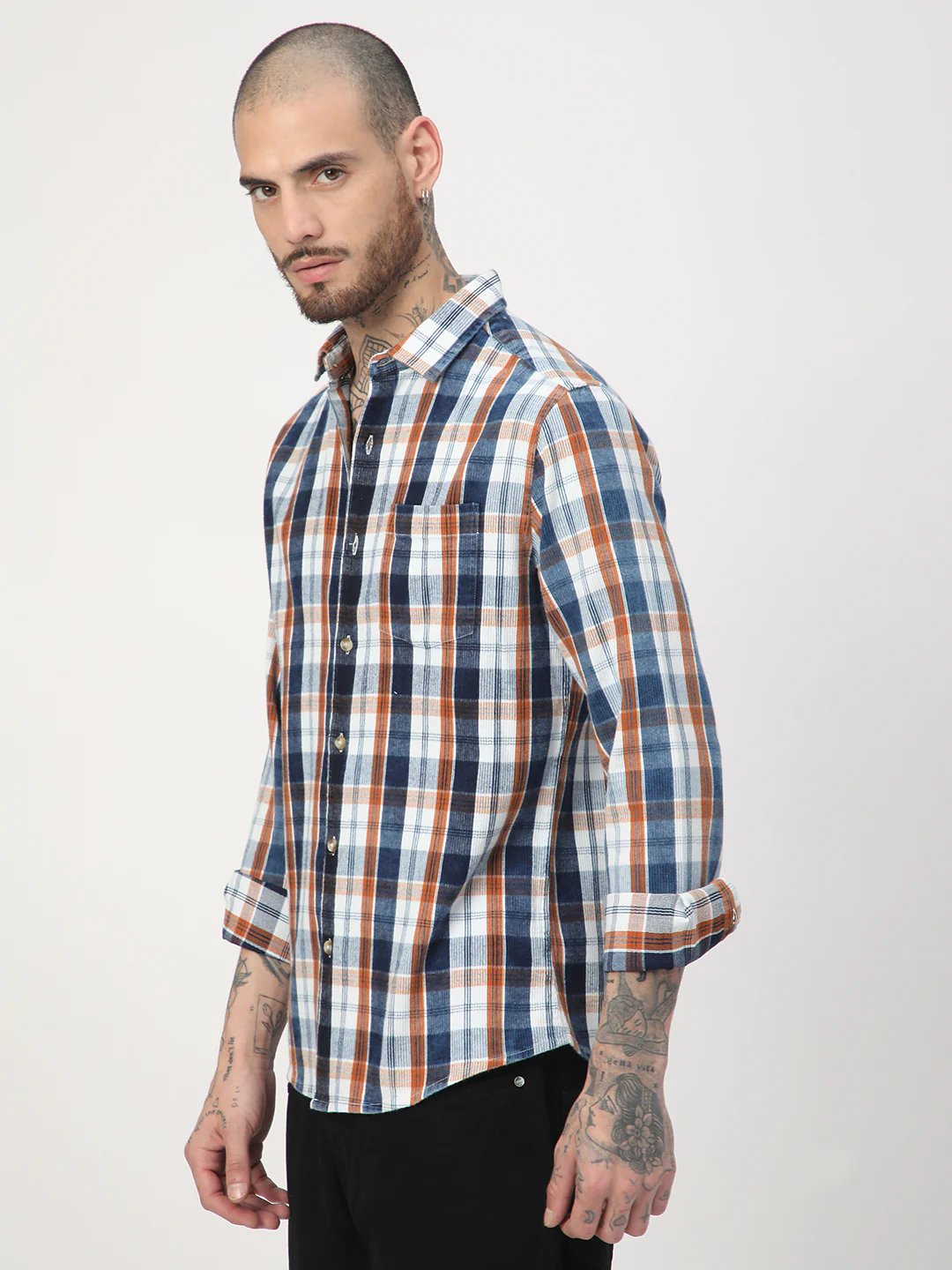 Denim Orange & Navy Plaid Checks Shirt - Image 6