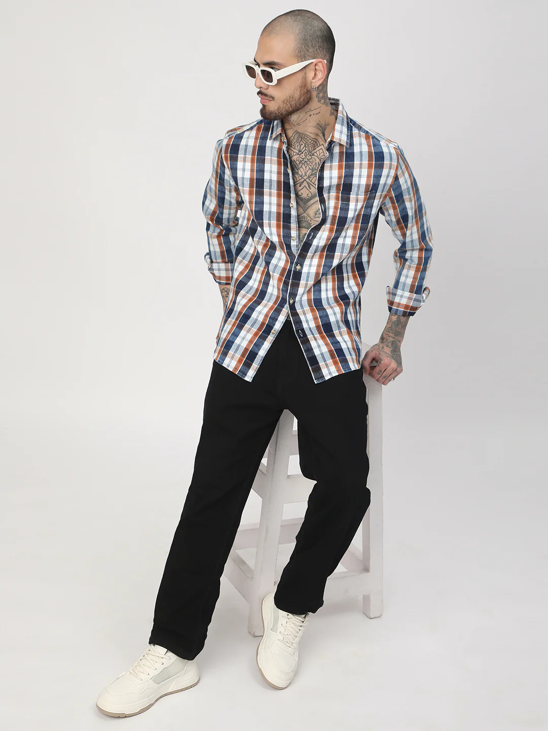 Denim Orange & Navy Plaid Checks Shirt - Image 8