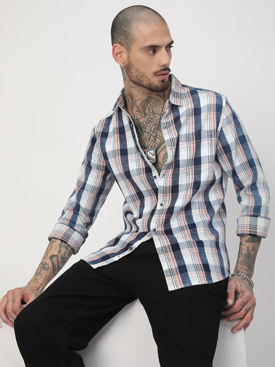 Denim Peach & Navy Plaid Checks Shirt - Image 4