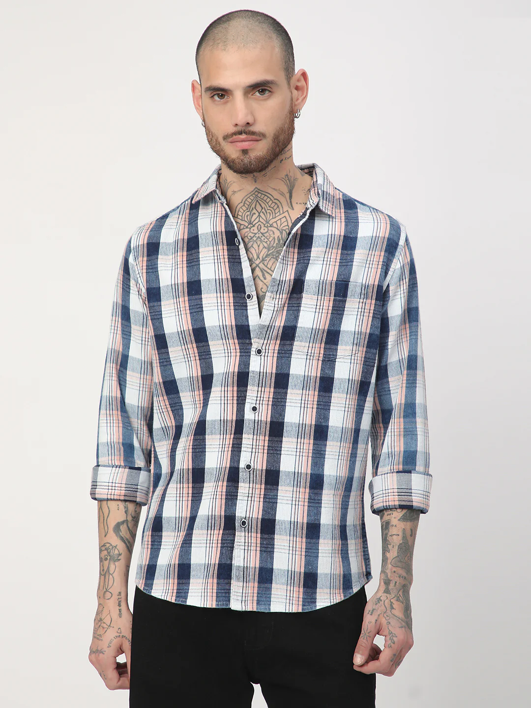 Denim Peach & Navy Plaid Checks Shirt - Image 5