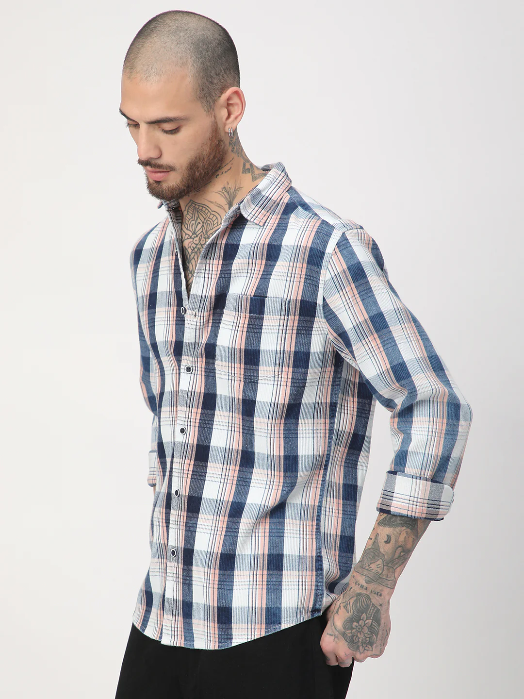 Denim Peach & Navy Plaid Checks Shirt - Image 6