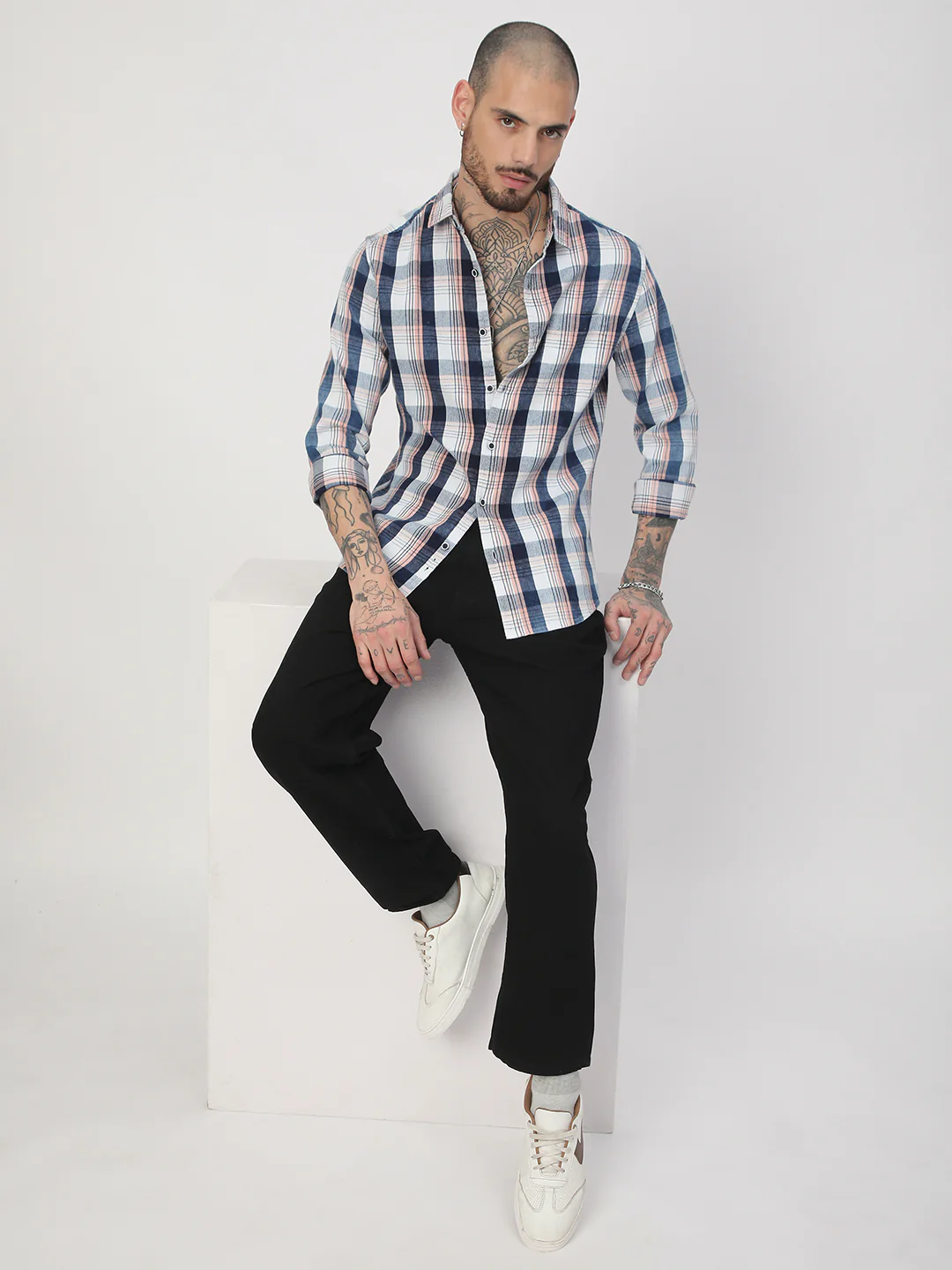 Denim Peach & Navy Plaid Checks Shirt - Image 8