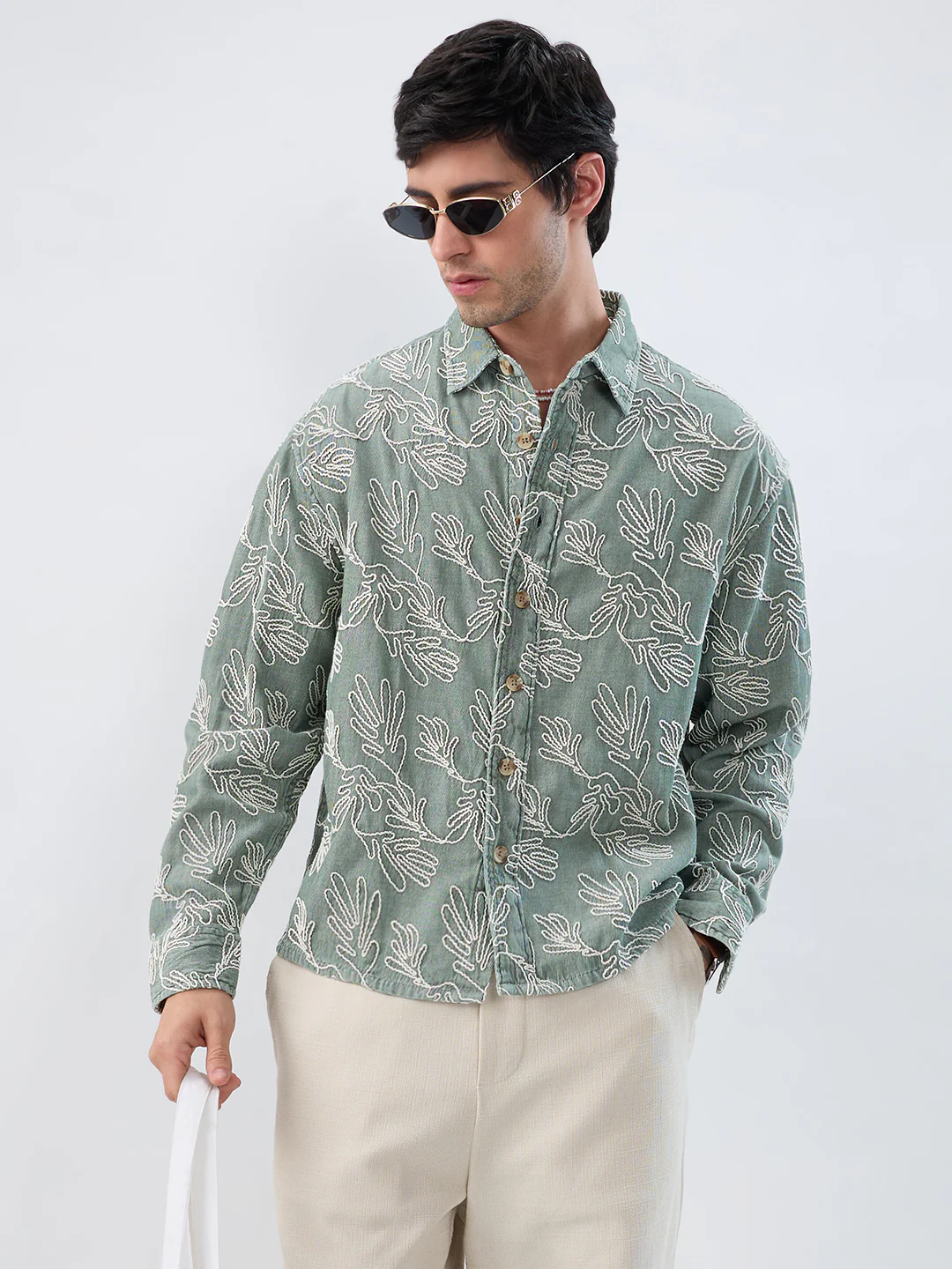 Denim Sage Green Artistic Embroidered Boxy Fit Crop Shirt - Image 2