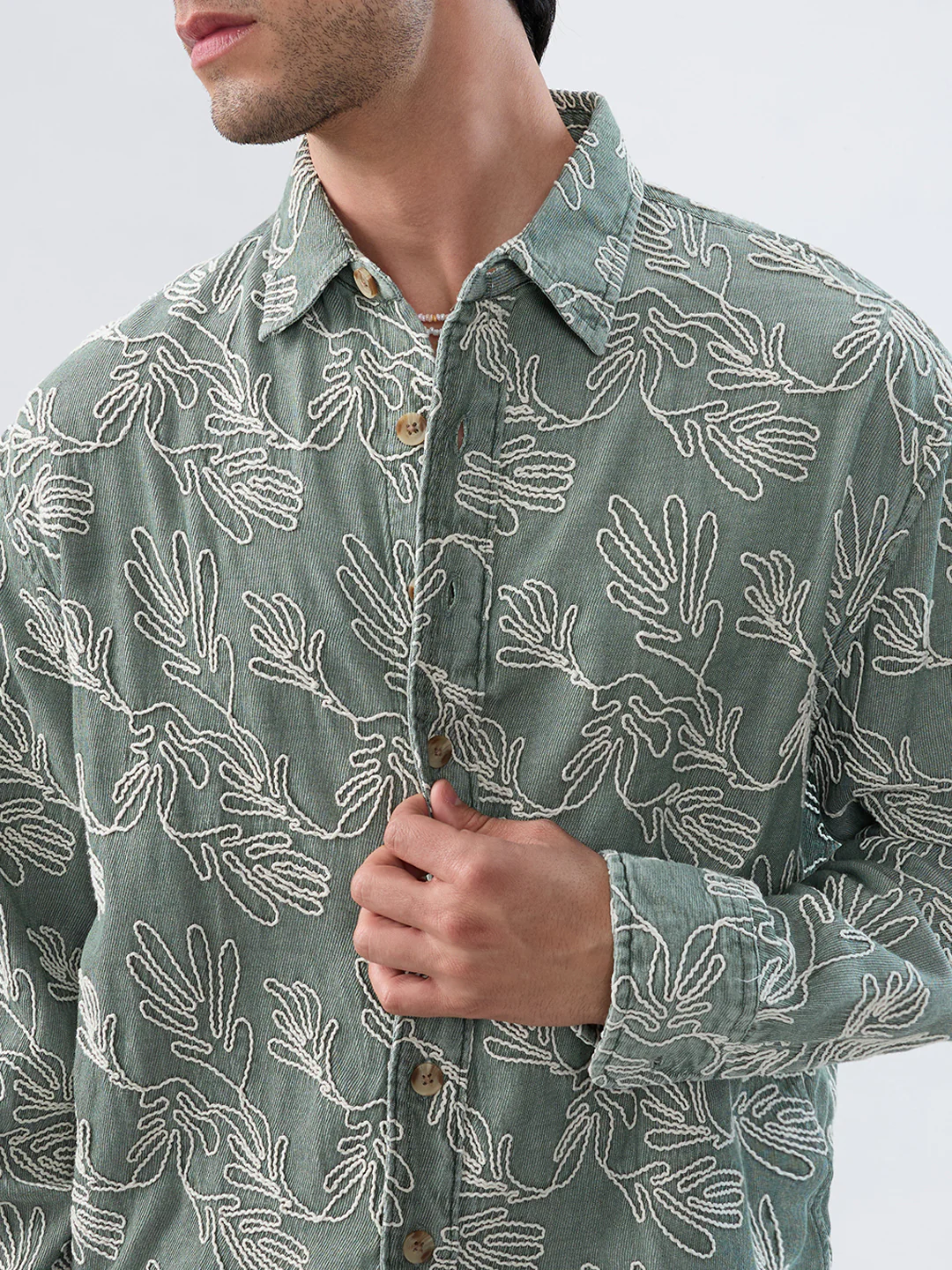 Denim Sage Green Artistic Embroidered Boxy Fit Crop Shirt - Image 3