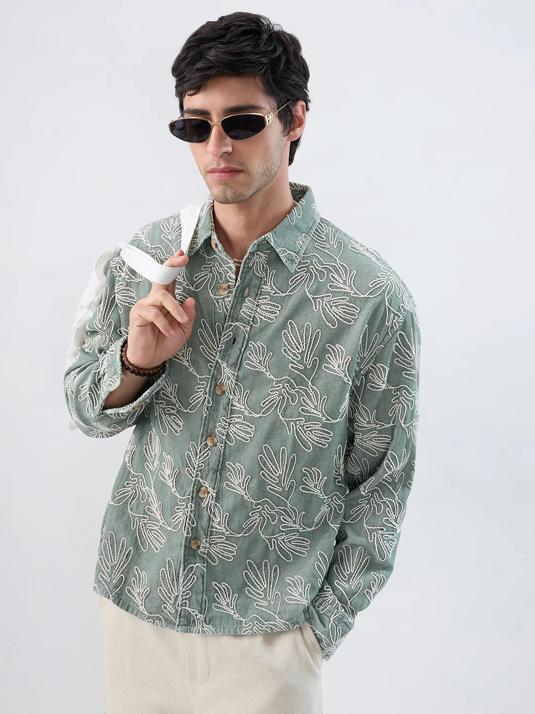 Denim Sage Green Artistic Embroidered Boxy Fit Crop Shirt - Image 4