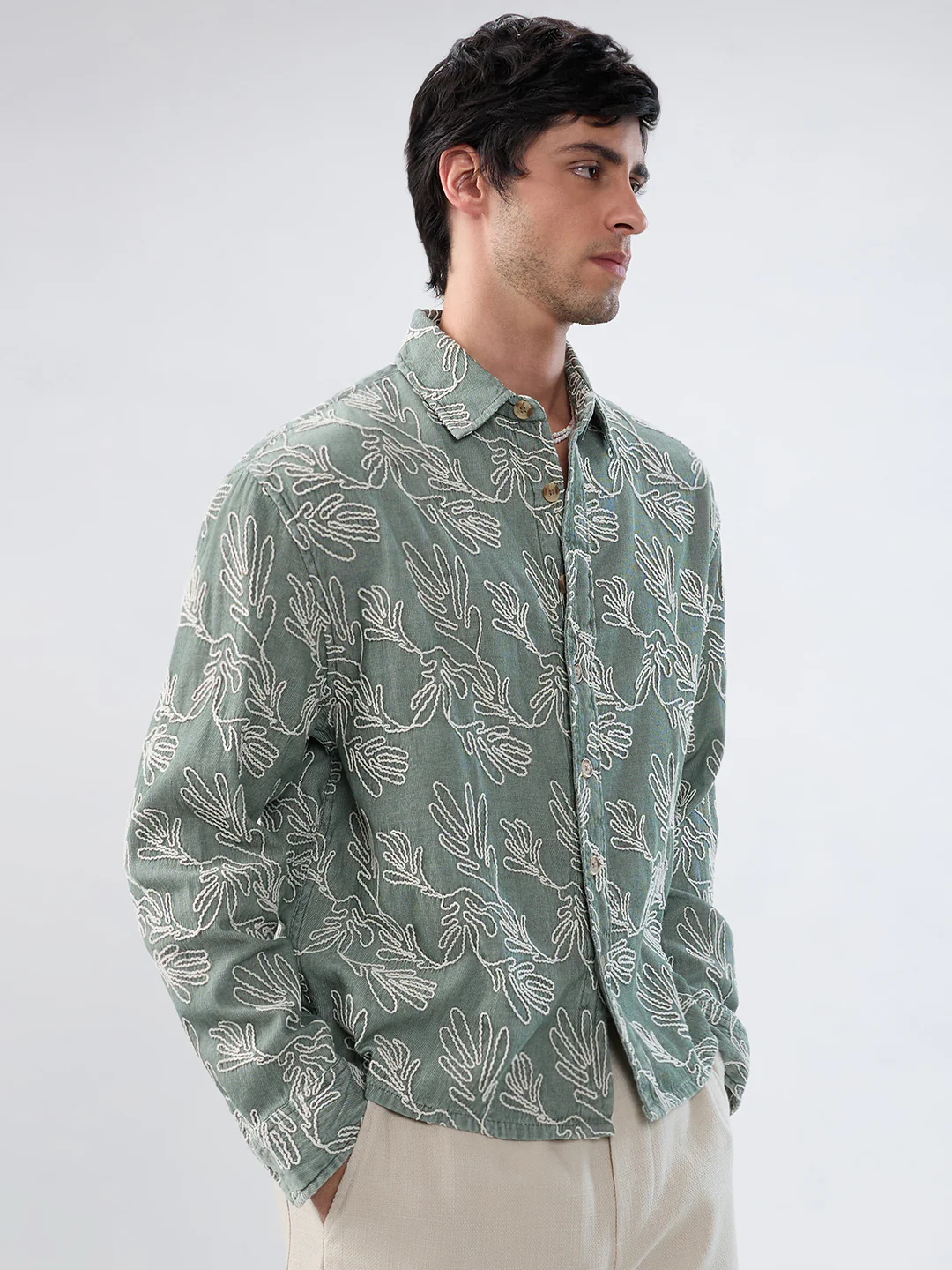 Denim Sage Green Artistic Embroidered Boxy Fit Crop Shirt - Image 5