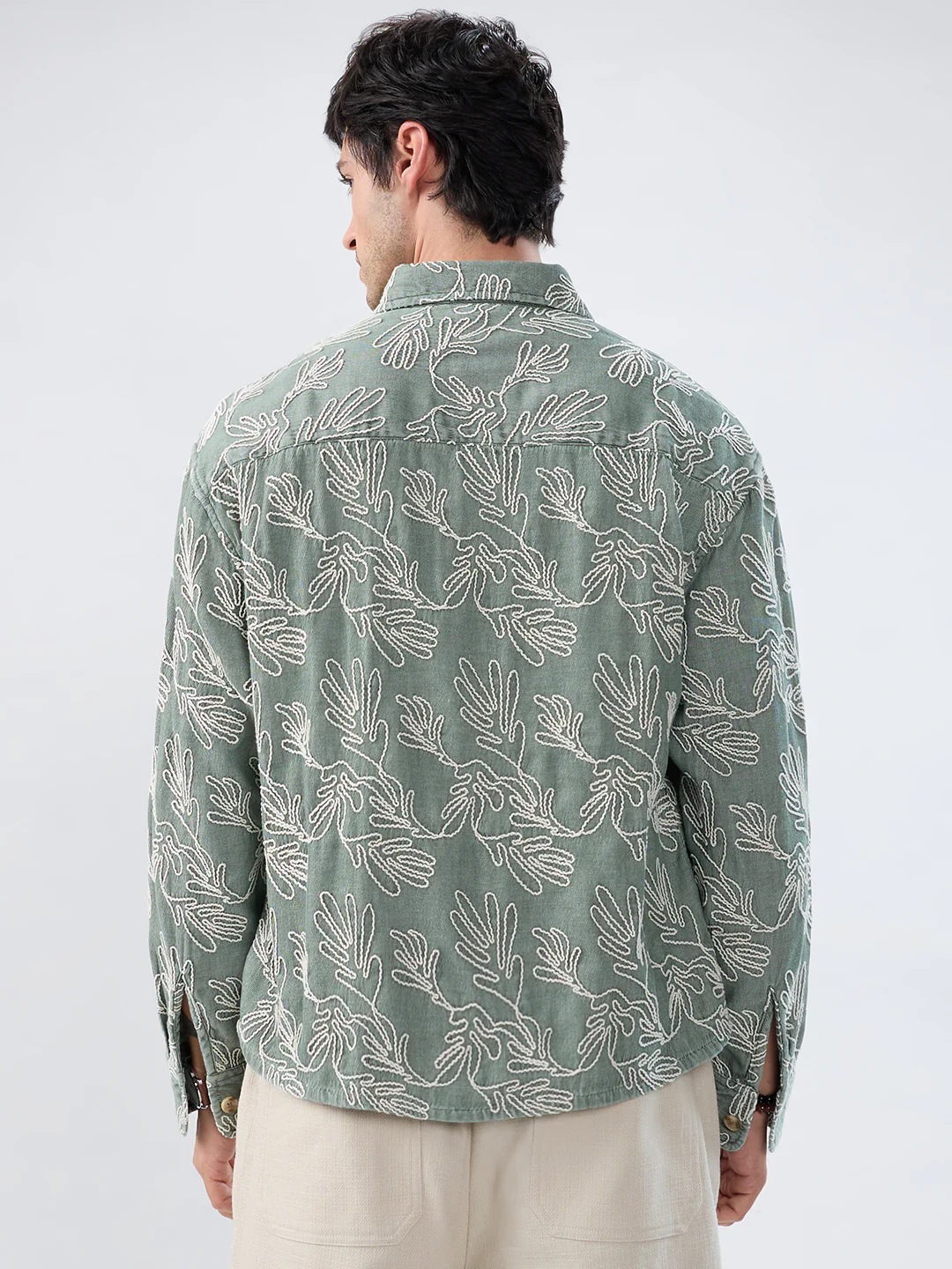 Denim Sage Green Artistic Embroidered Boxy Fit Crop Shirt - Image 6