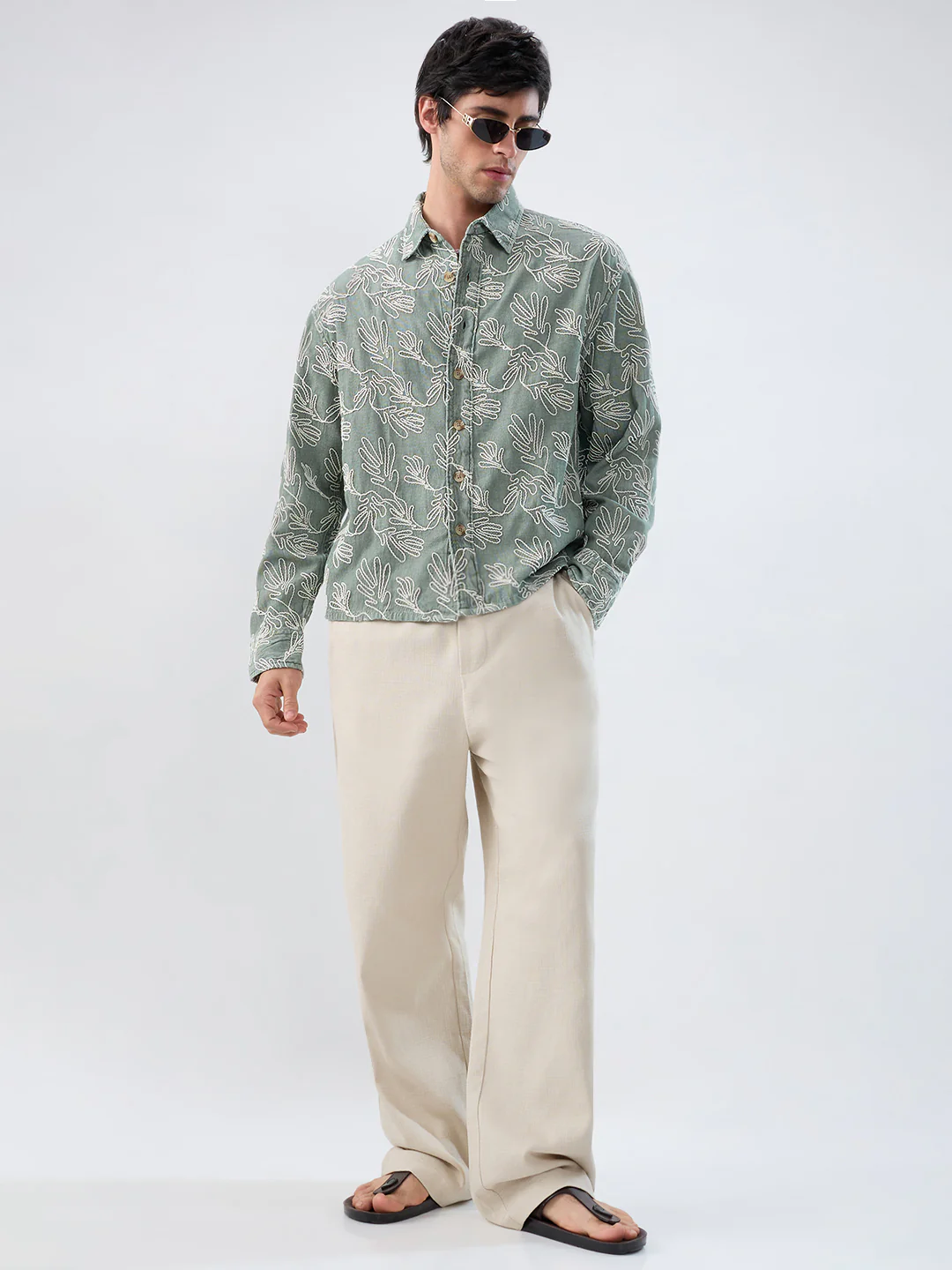Denim Sage Green Artistic Embroidered Boxy Fit Crop Shirt - Image 7