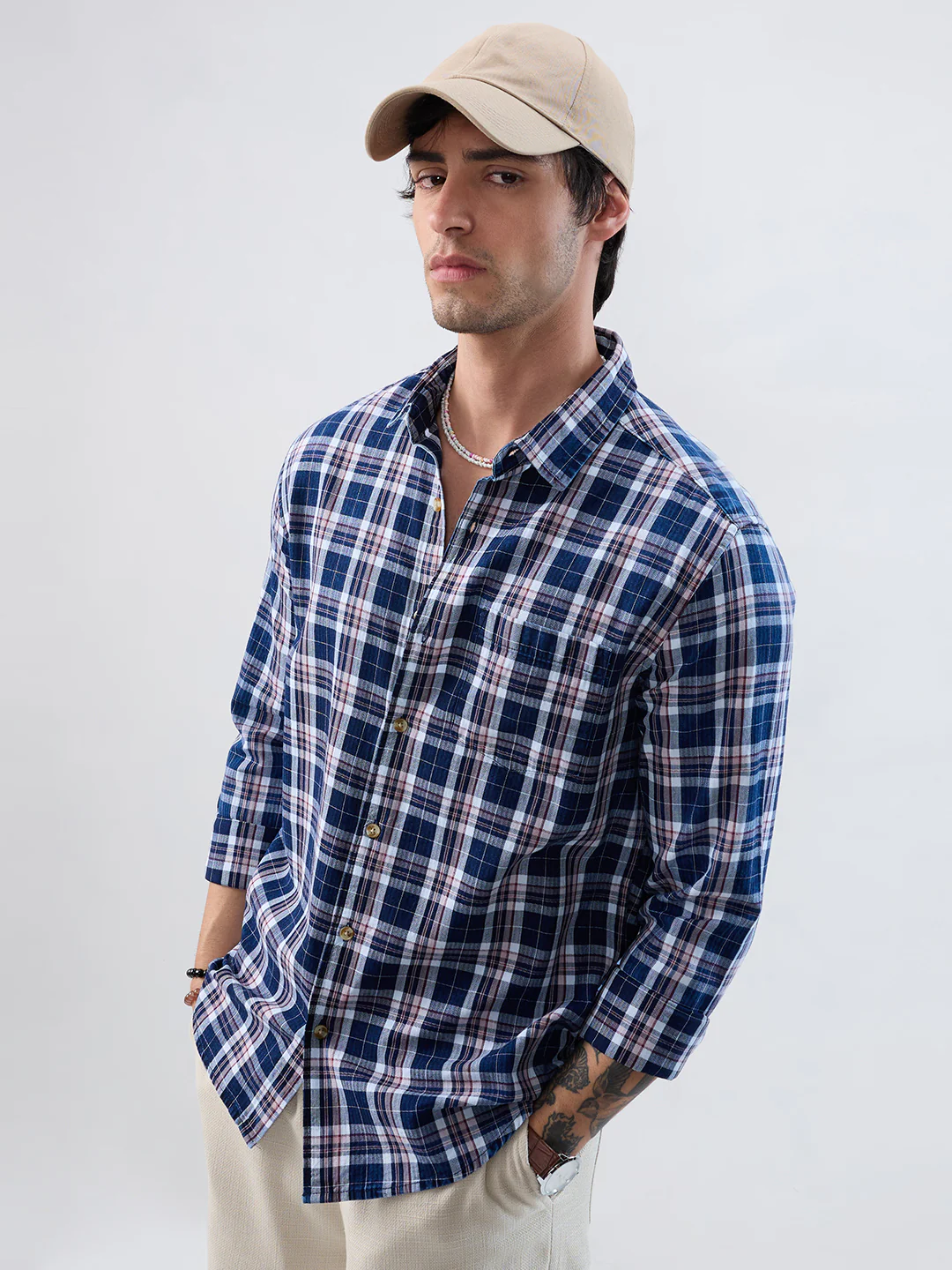 Denim White & Navy Herringbone Plaid Checks Shirt - Image 2