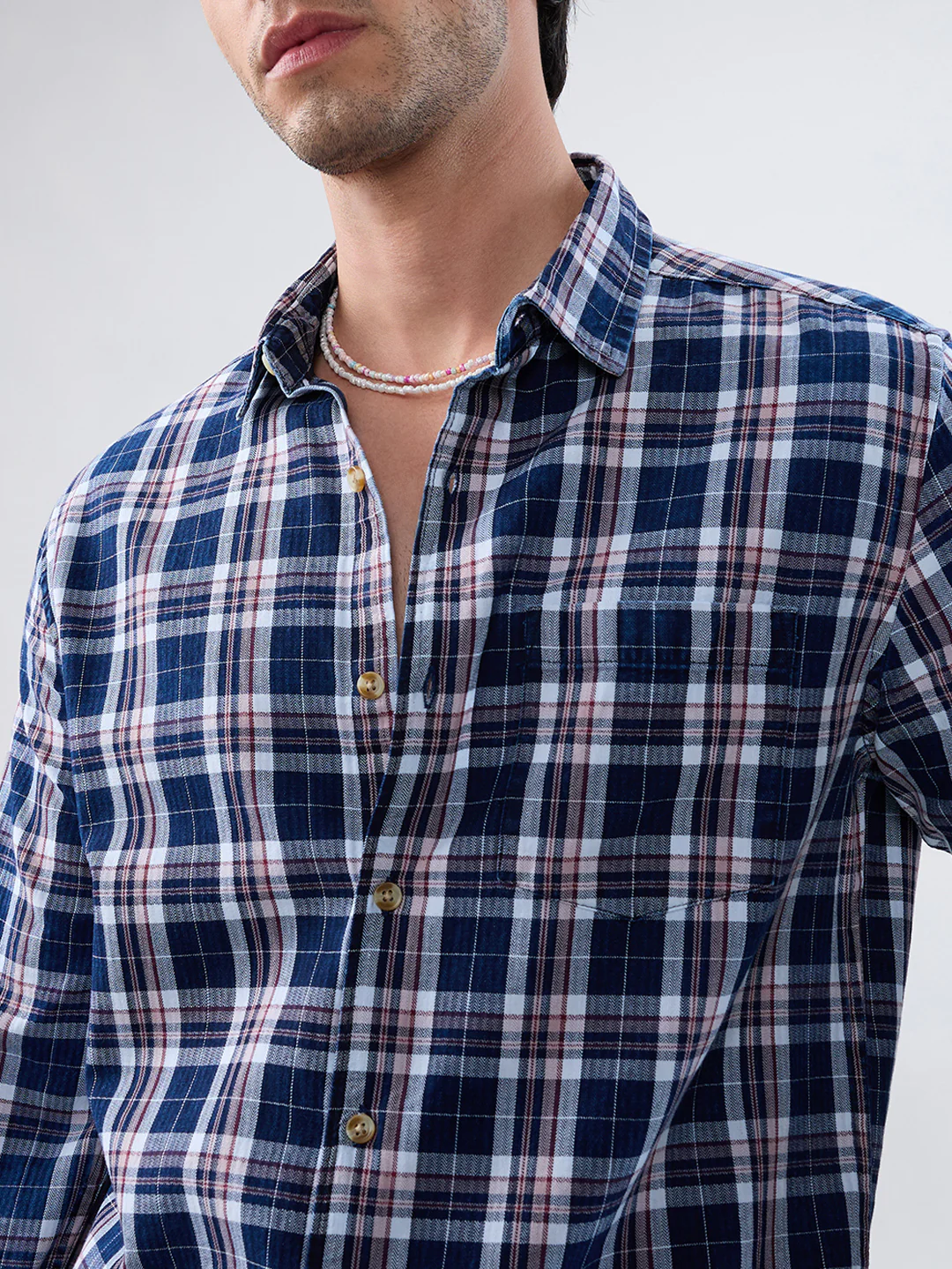 Denim White & Navy Herringbone Plaid Checks Shirt - Image 3