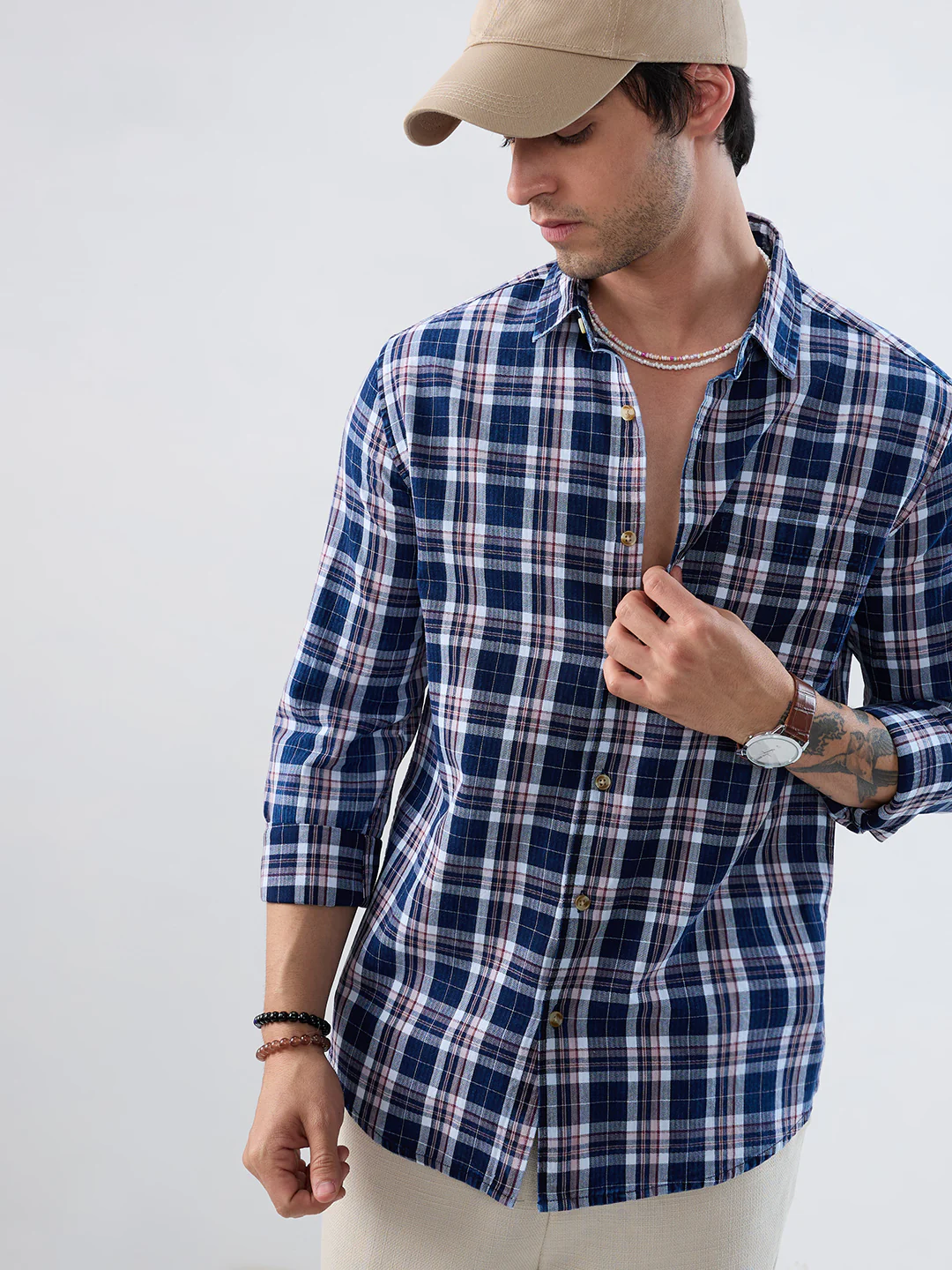 Denim White & Navy Herringbone Plaid Checks Shirt - Image 4