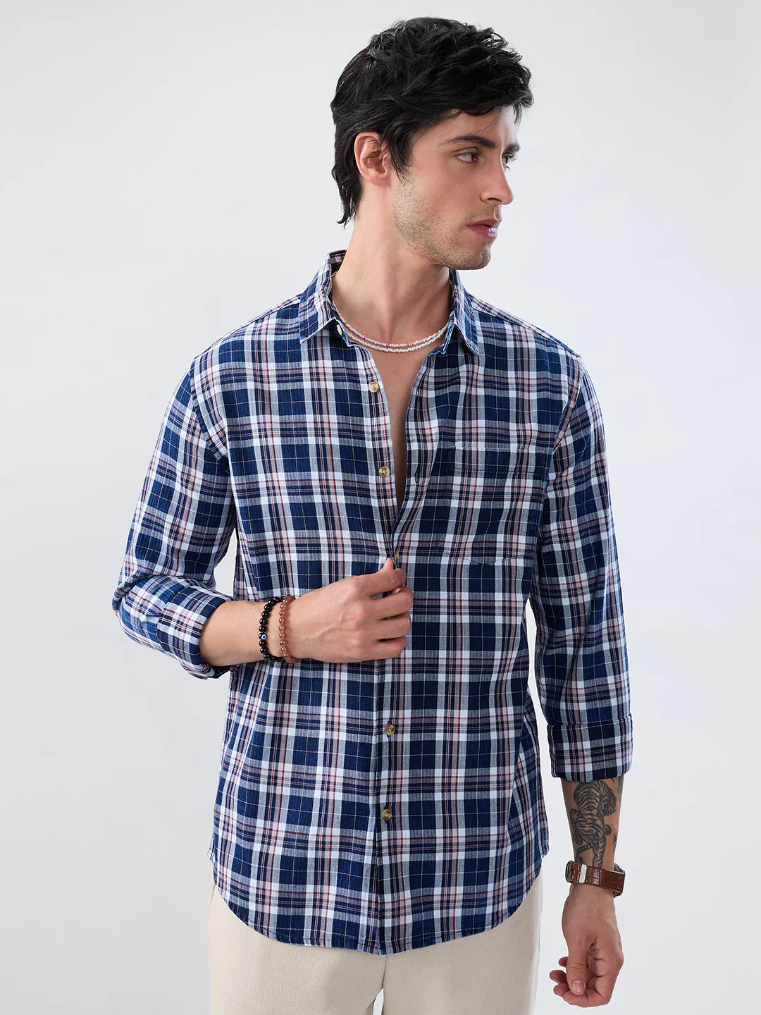 Denim White & Navy Herringbone Plaid Checks Shirt - Image 5