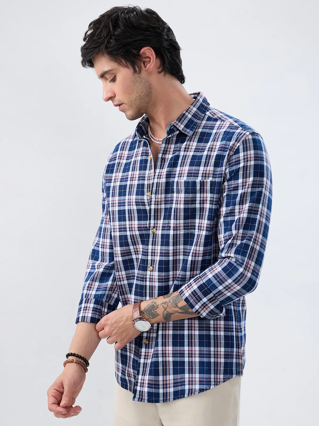 Denim White & Navy Herringbone Plaid Checks Shirt - Image 6