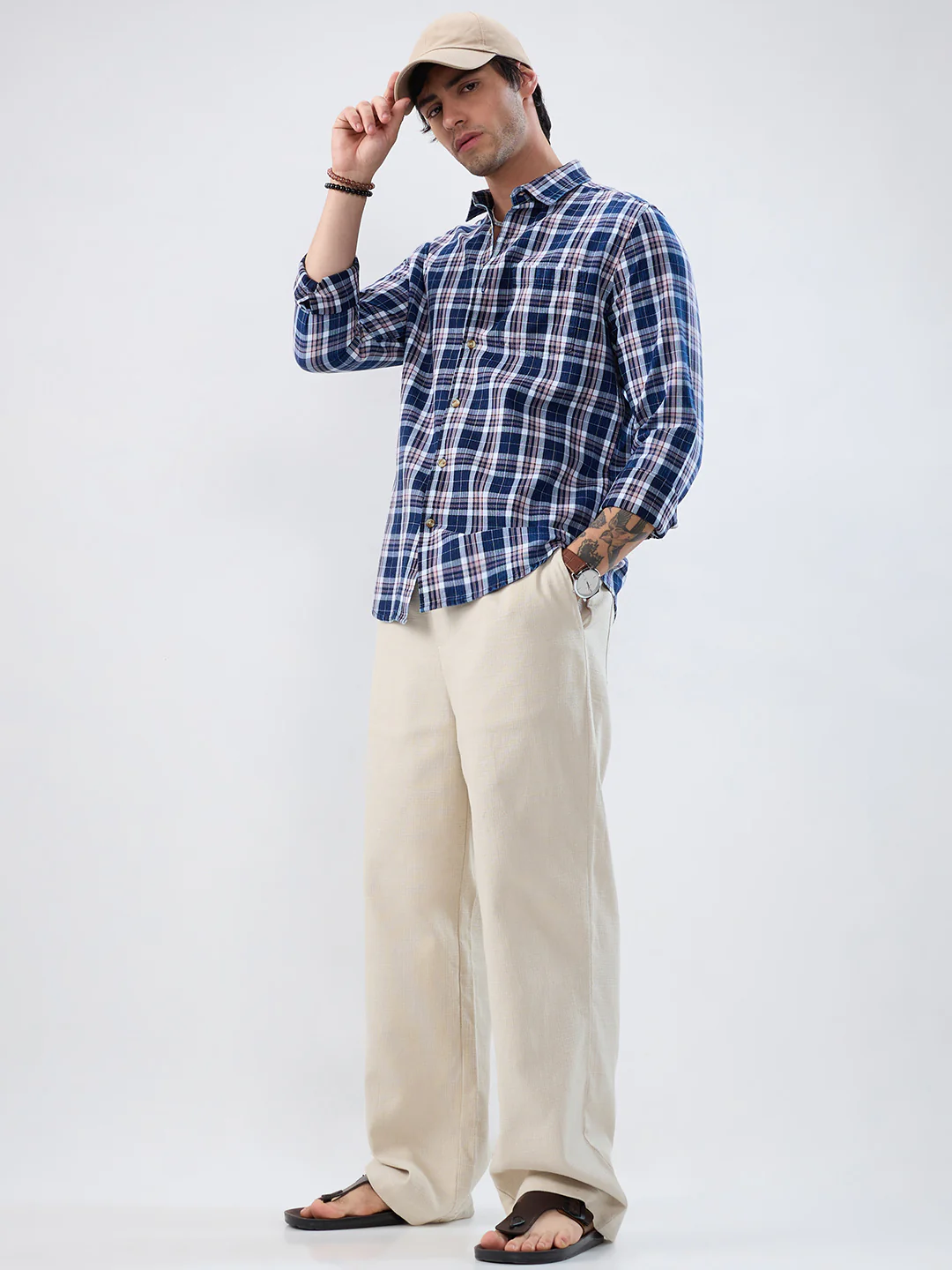 Denim White & Navy Herringbone Plaid Checks Shirt - Image 8