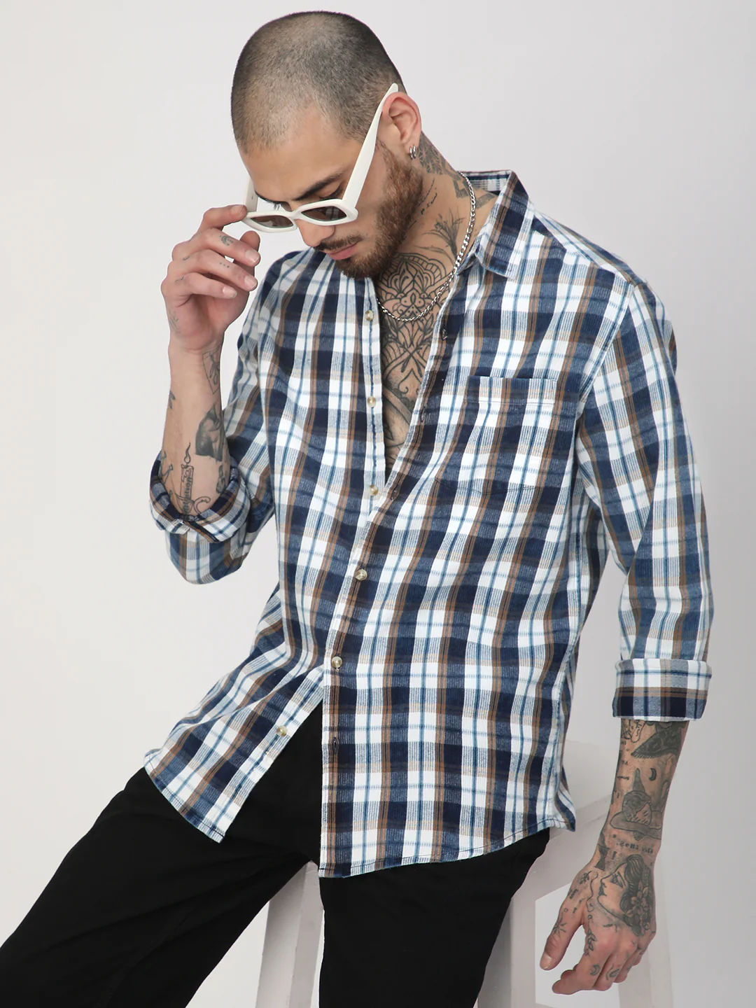 Denim White & Navy Plaid Checks Shirt - Image 4