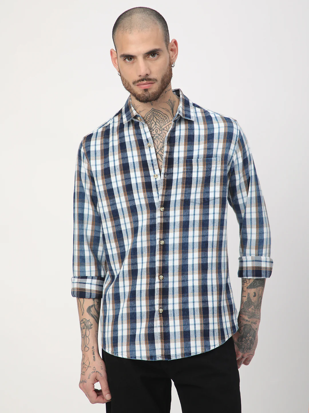 Denim White & Navy Plaid Checks Shirt - Image 5