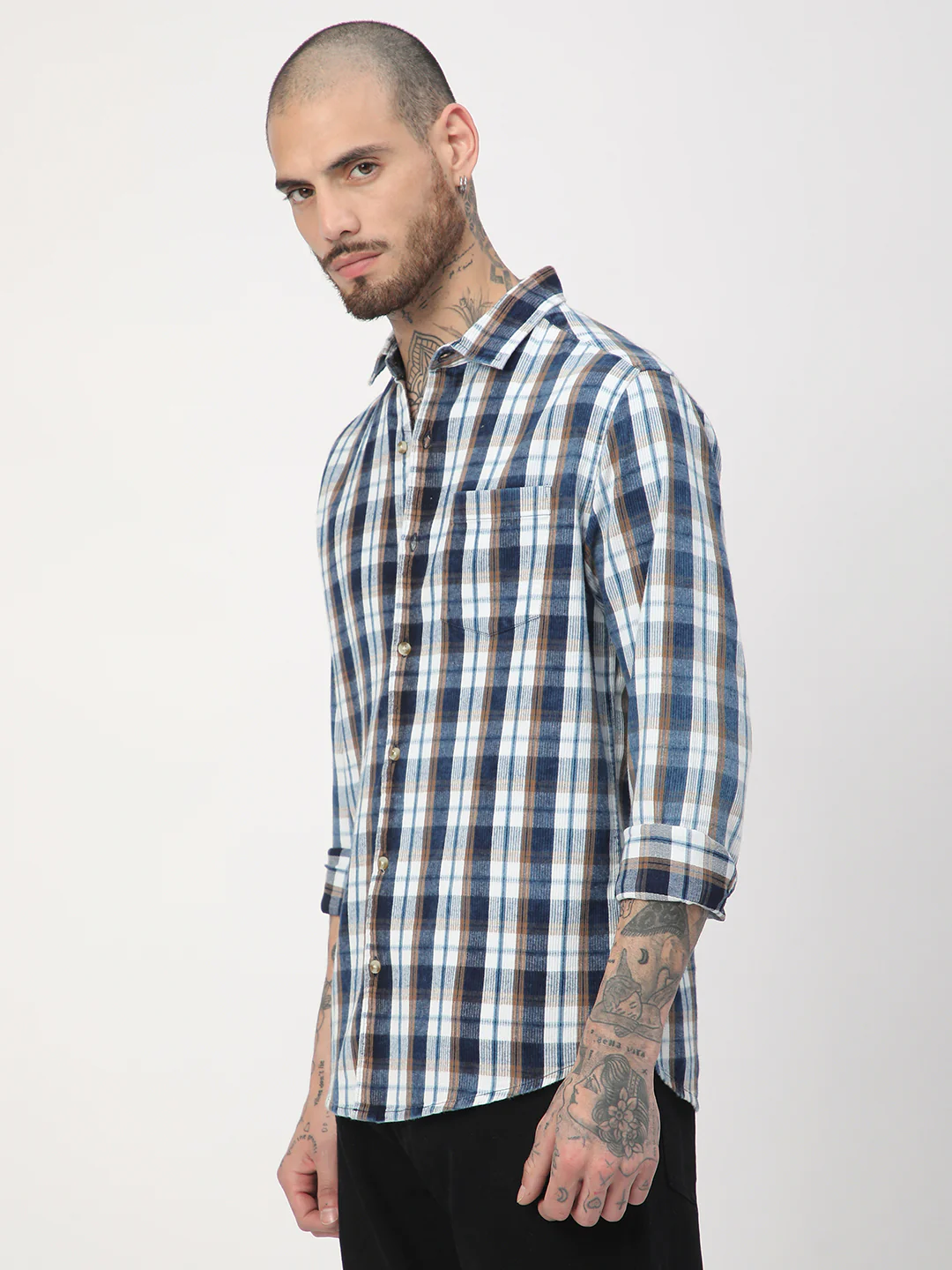 Denim White & Navy Plaid Checks Shirt - Image 6