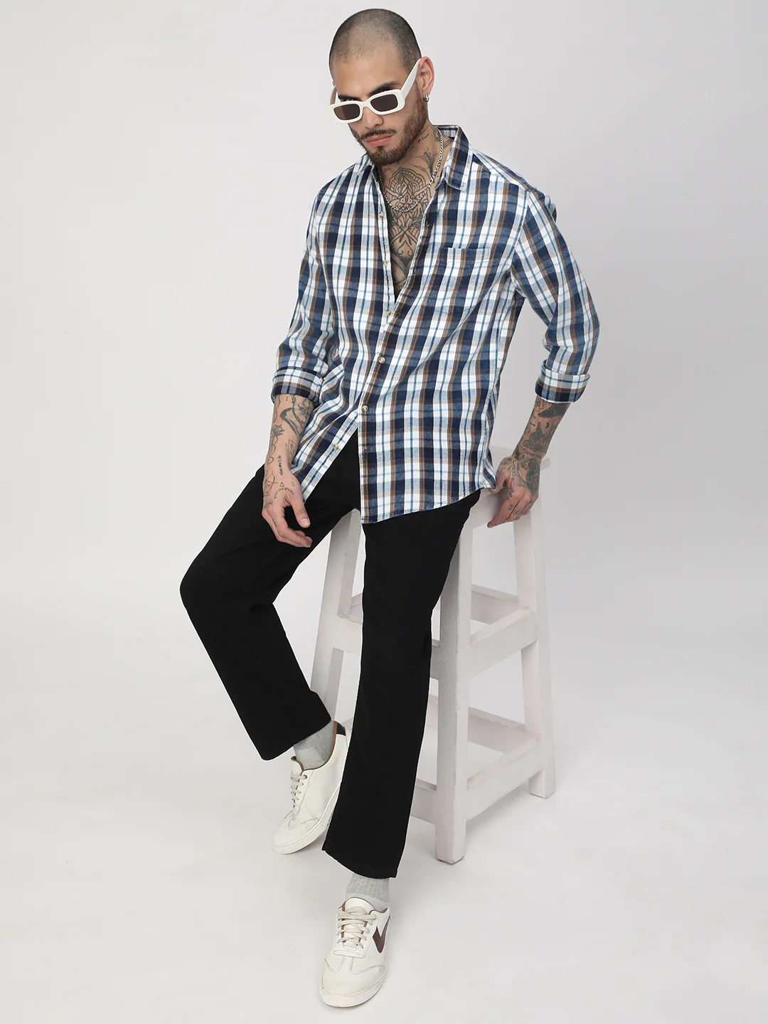 Denim White & Navy Plaid Checks Shirt - Image 8
