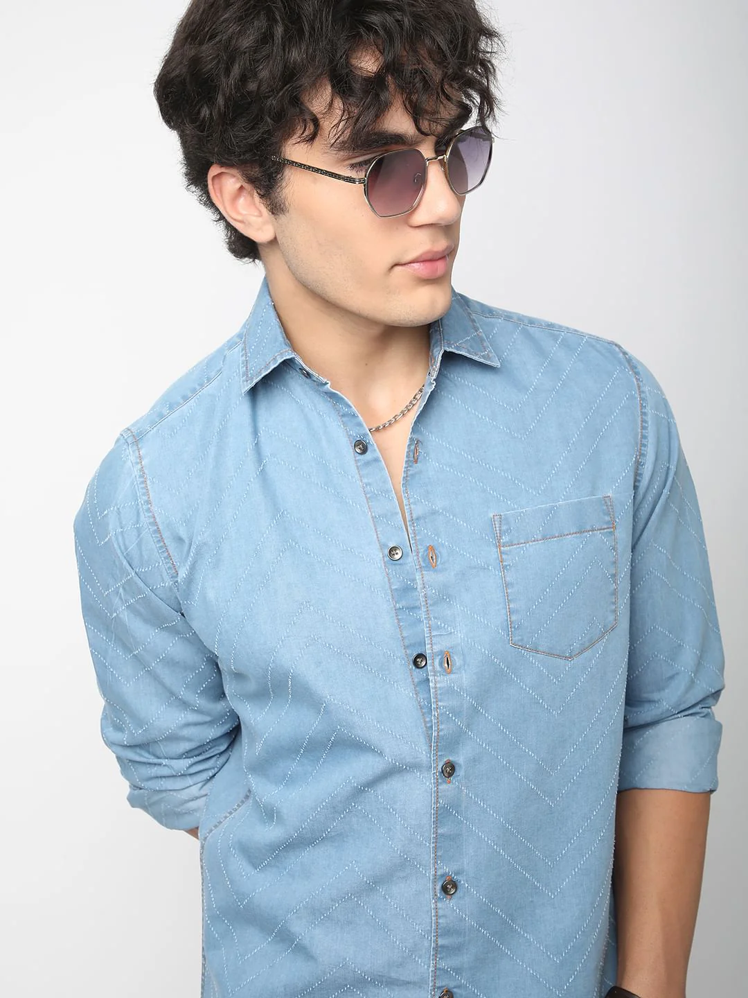 Denim Zig-Zag Laser Cut Shirt - Image 2