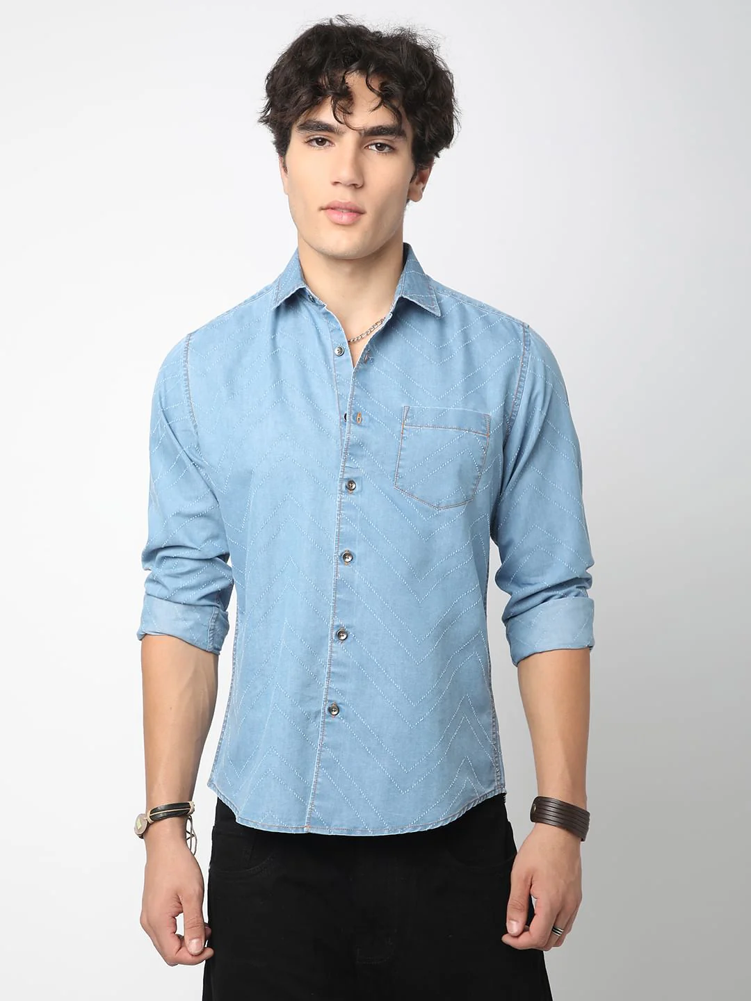 Denim Zig-Zag Laser Cut Shirt - Image 4