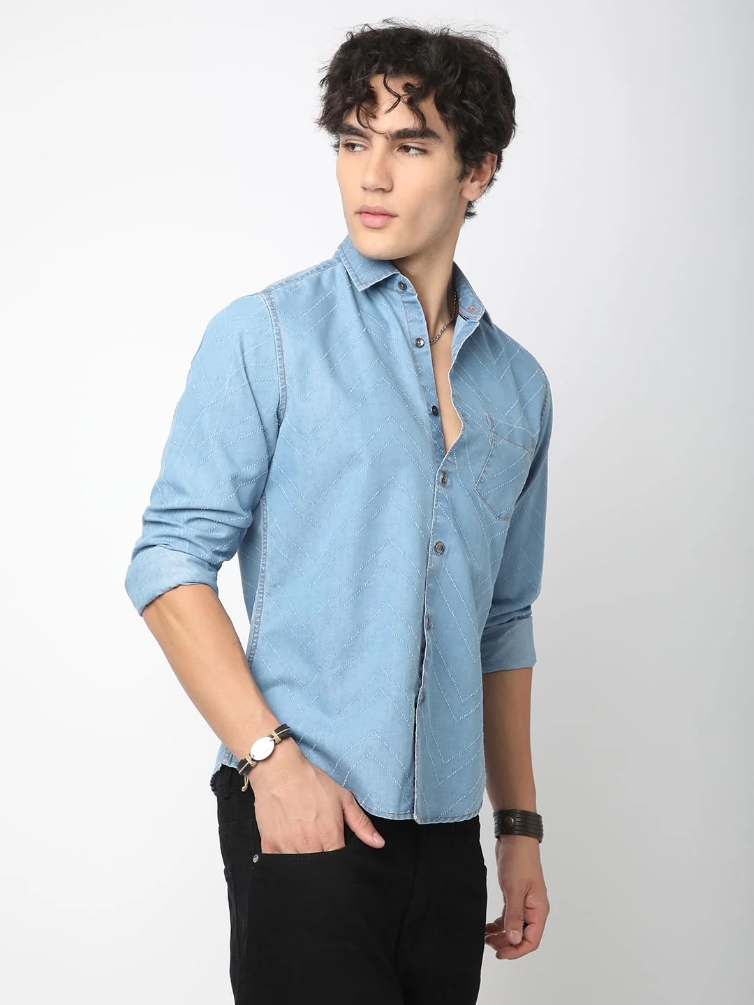 Denim Zig-Zag Laser Cut Shirt - Image 5