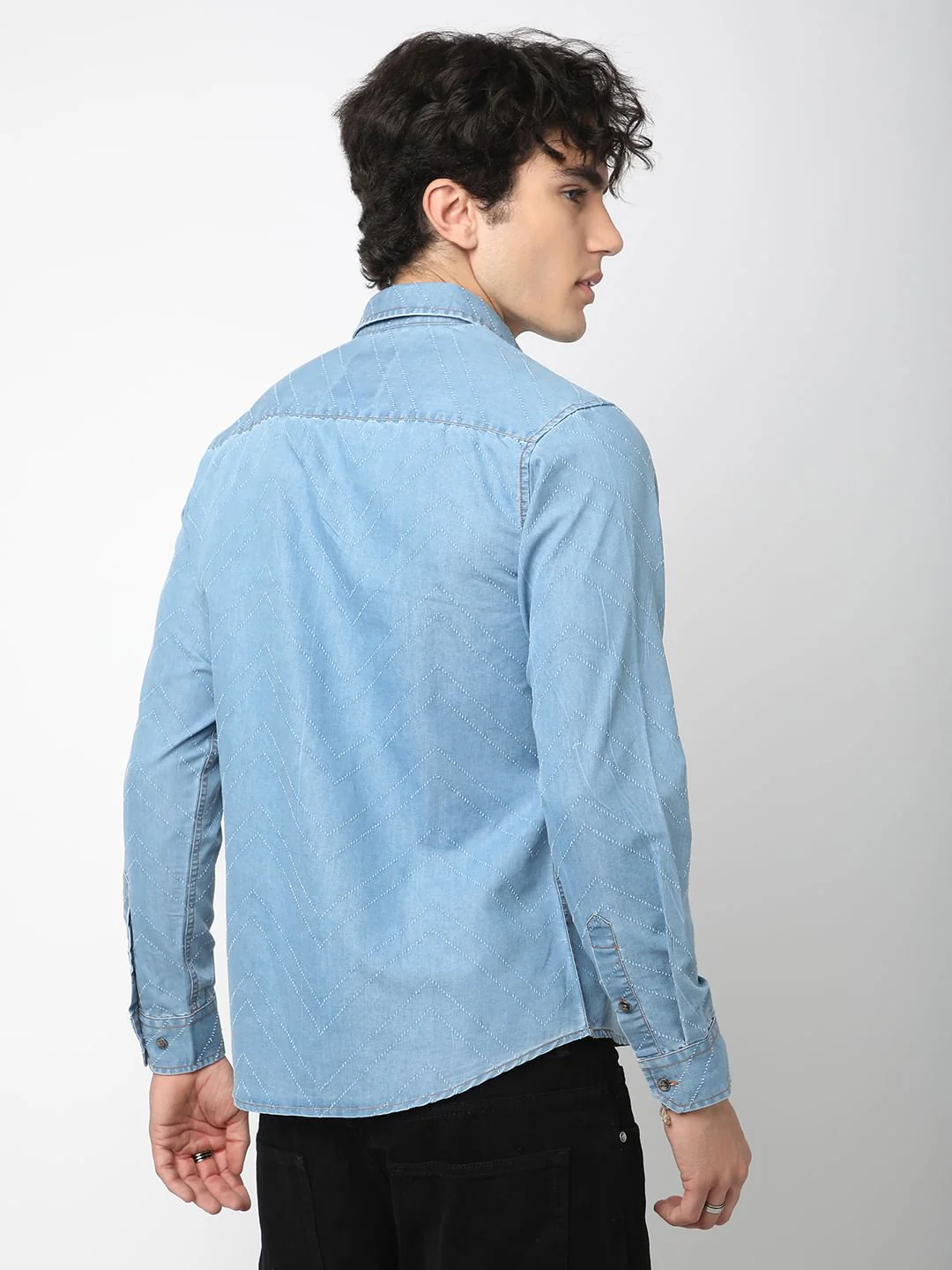 Denim Zig-Zag Laser Cut Shirt - Image 6
