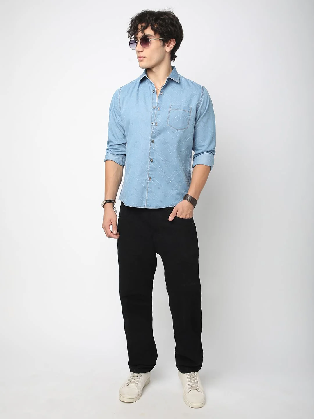 Denim Zig-Zag Laser Cut Shirt - Image 7