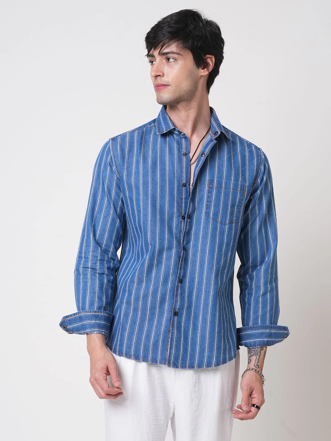 Denim Zig-Zag Laser Cut Shirt - Image 4