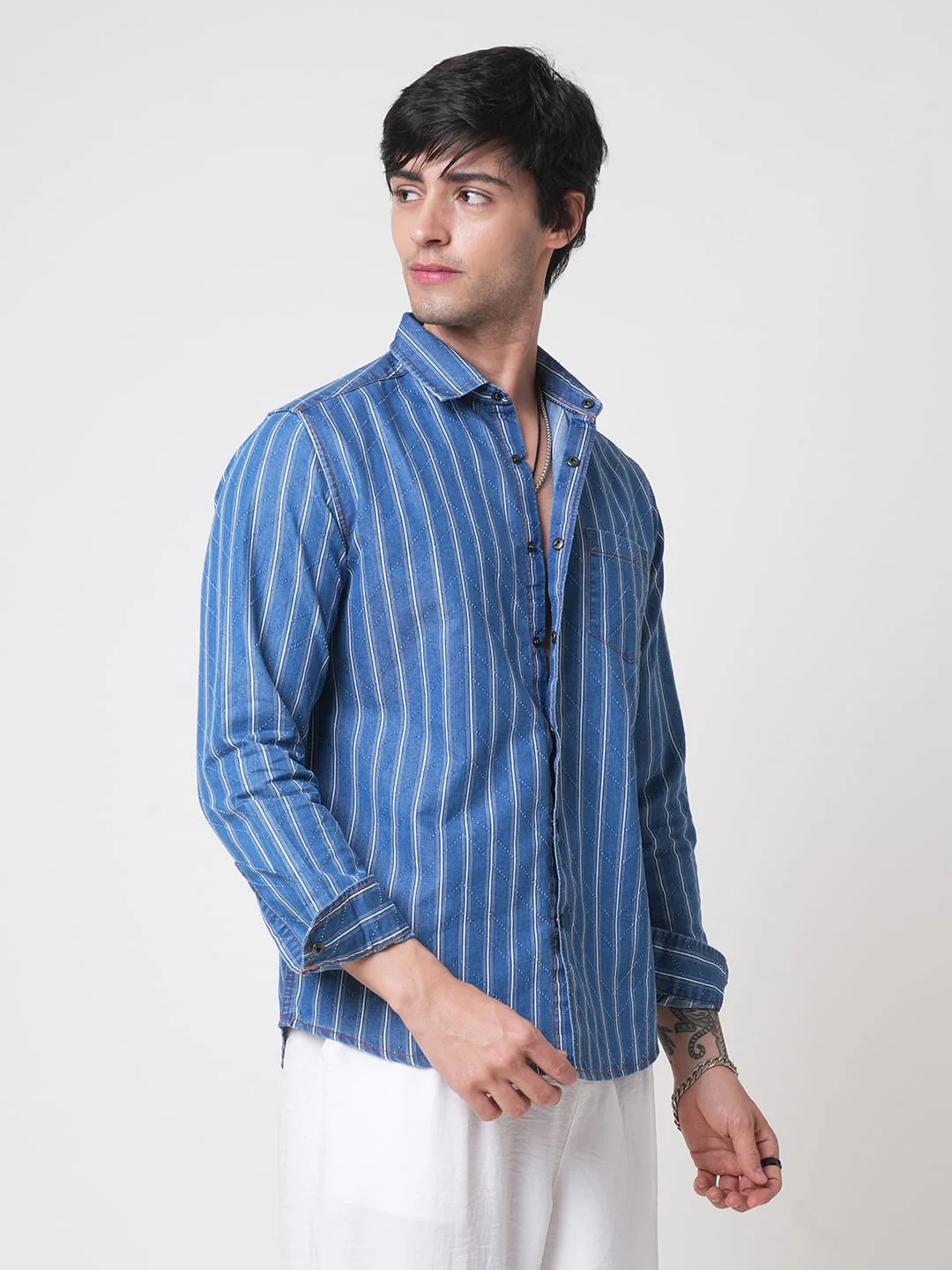 Denim Zig-Zag Laser Cut Shirt - Image 5