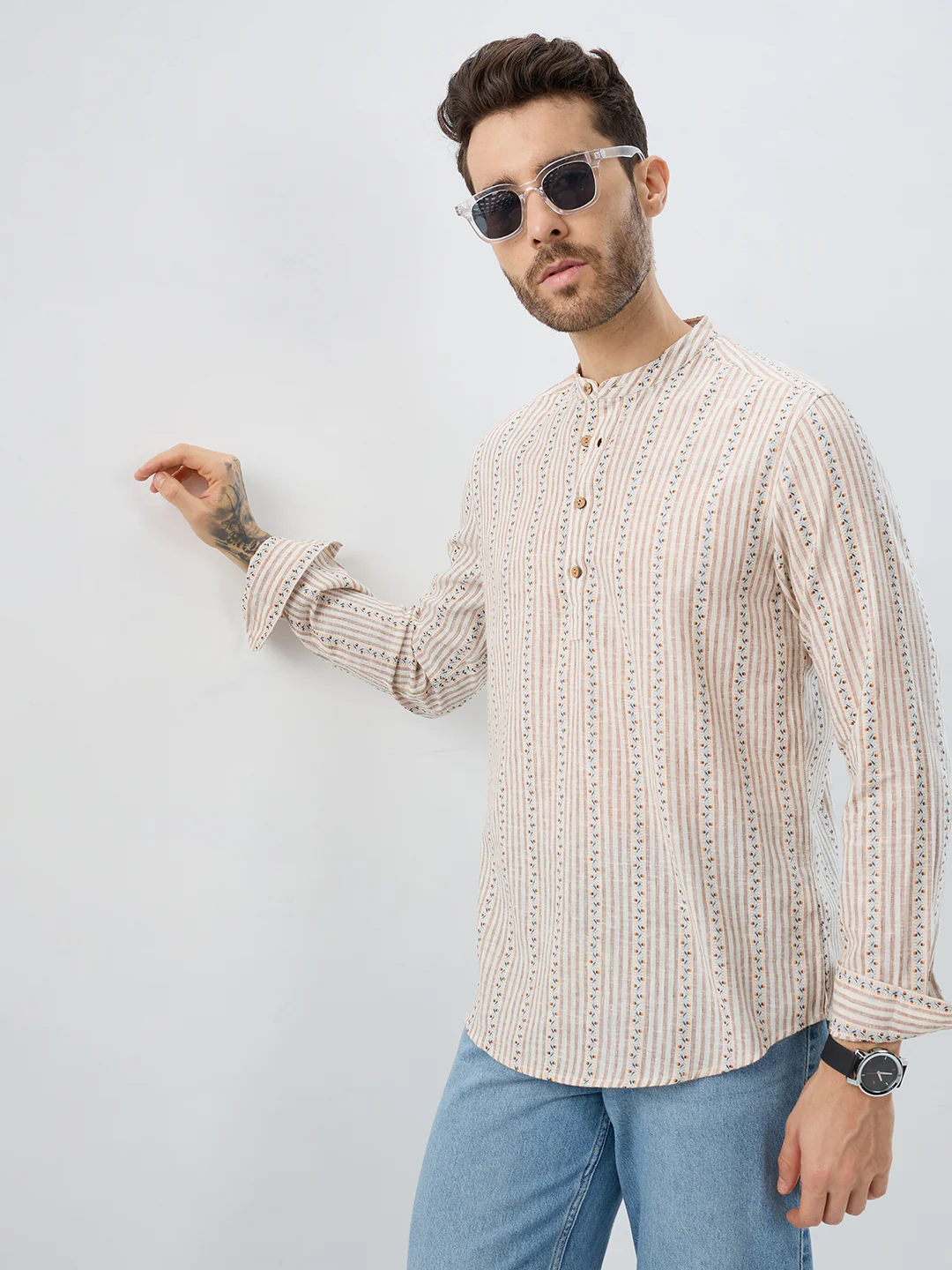Desert Bloom Linen Blend Striped Kurta - Image 4