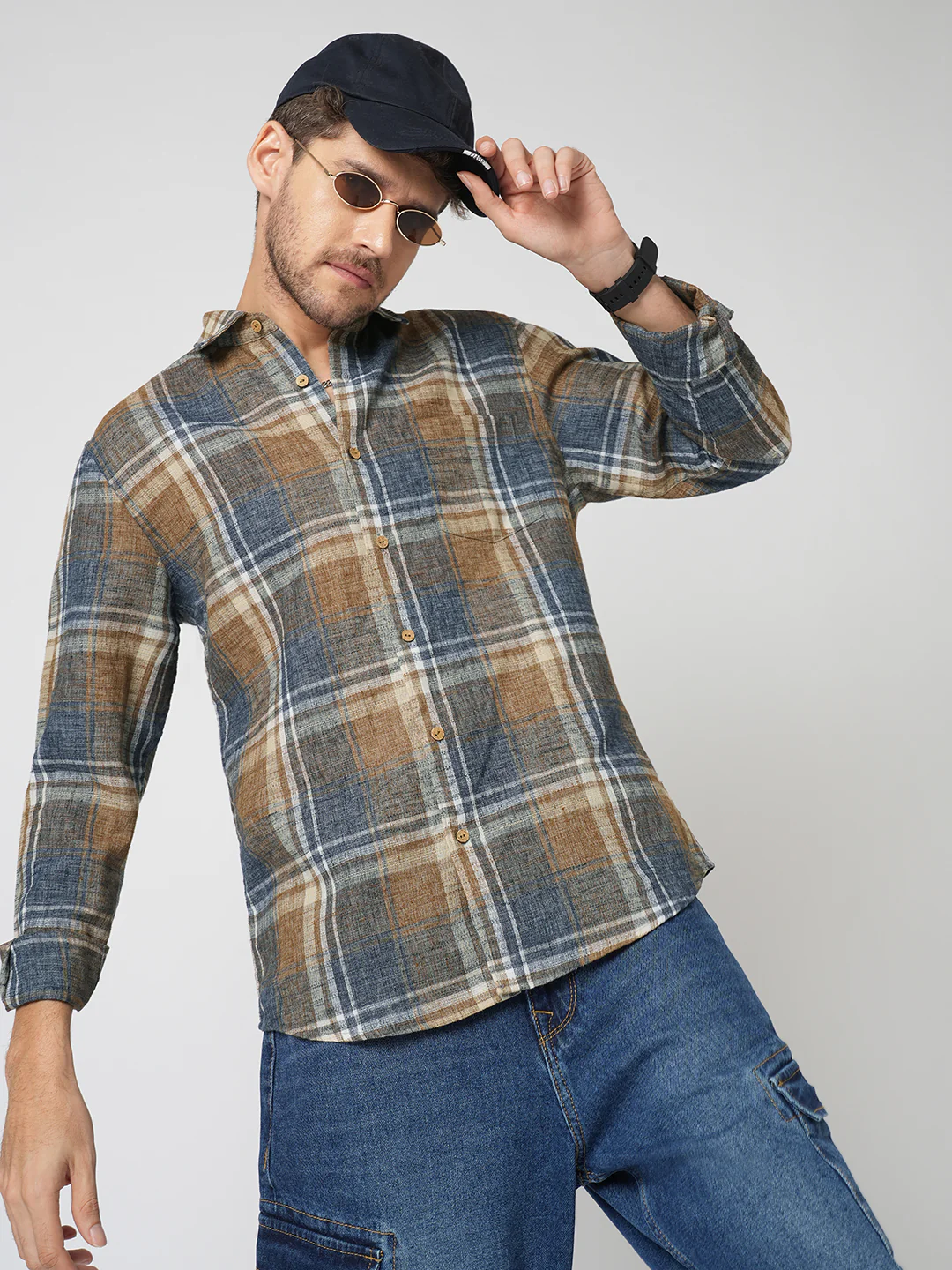 Desert Brown Grid Checks Linen Blend Shirt