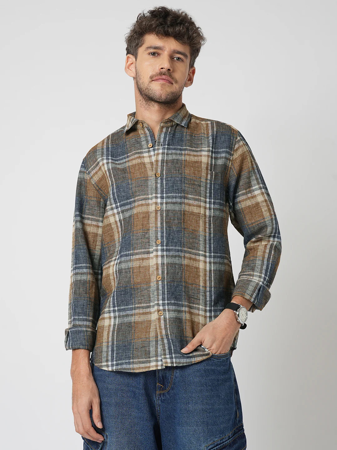 Desert Brown Grid Checks Linen Blend Shirt - Image 5