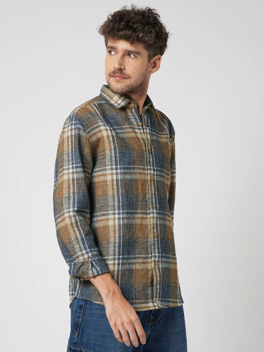Desert Brown Grid Checks Linen Blend Shirt - Image 6