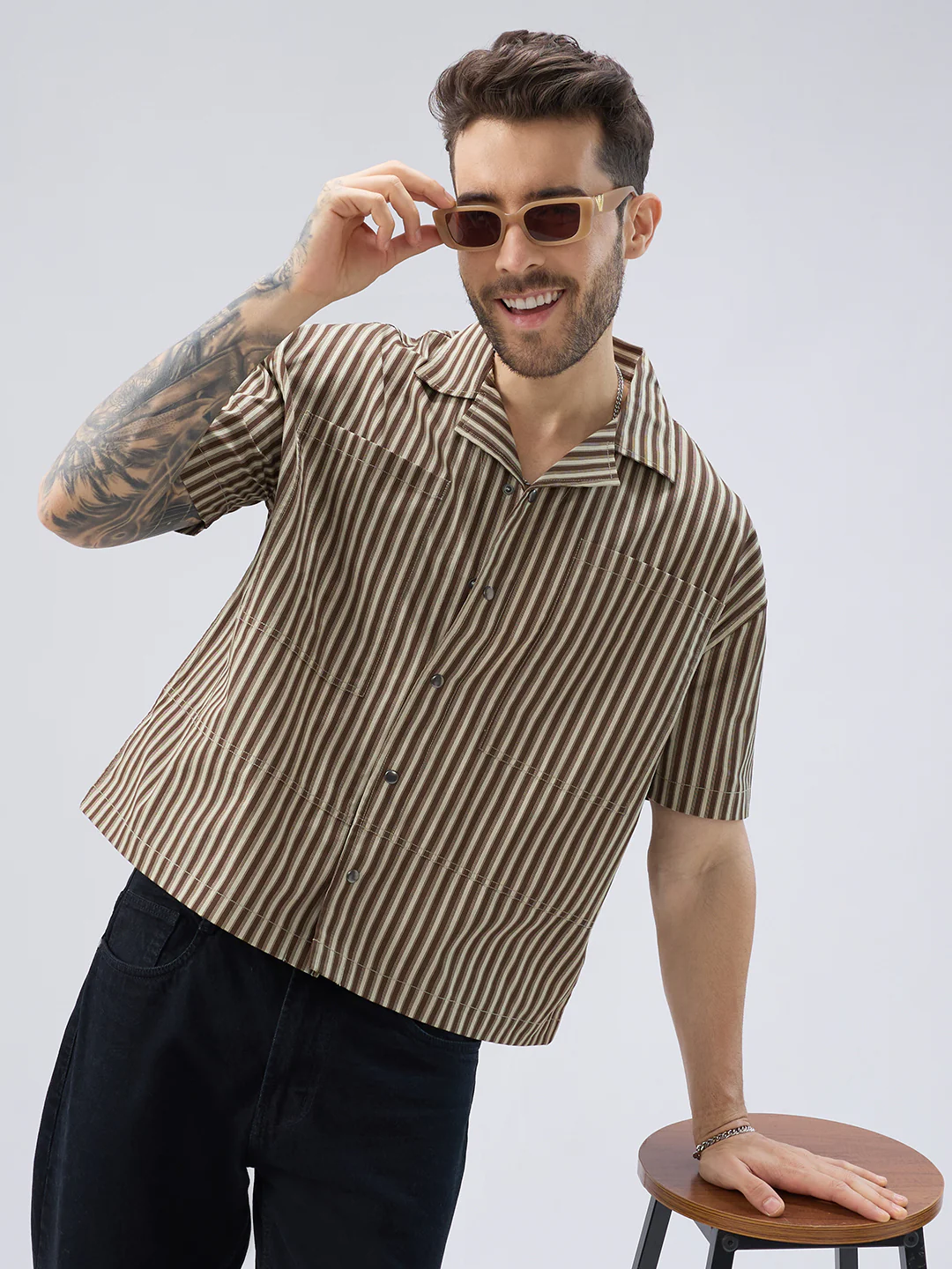 Desert Brown Contrast Striped Twin Pocket Oversized Crop Shirt - Image 2